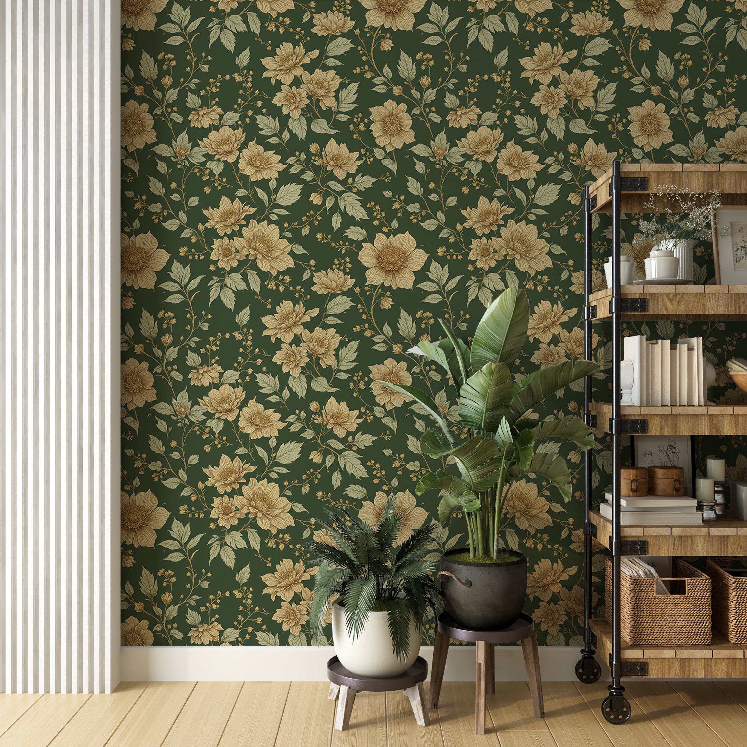 Beige and Green Floral Classic Wallpaper, Vintage Botanical Wall Decor, Elegant Peony and Leaf Design, Timeless Peel and Stick Wallpaper