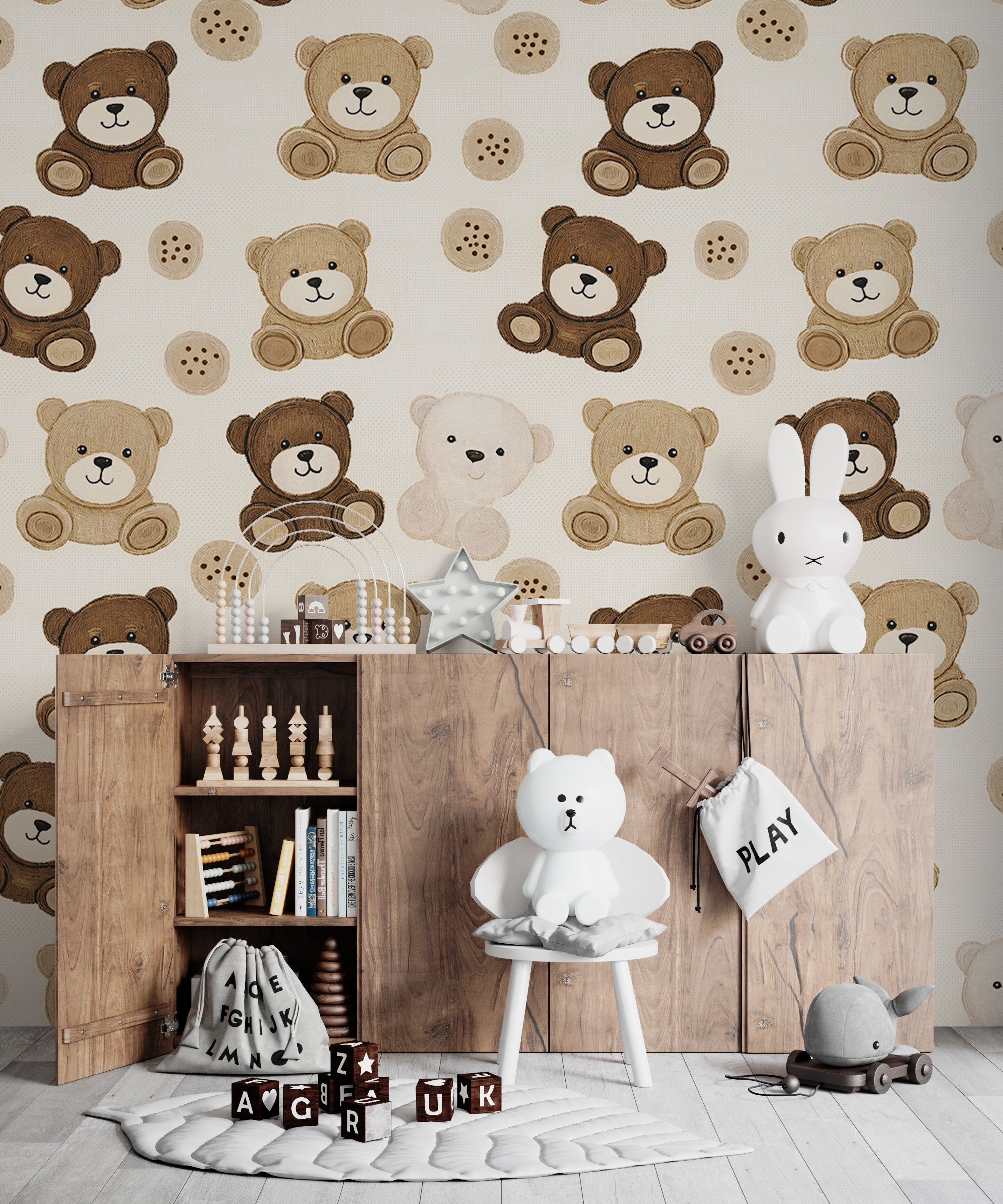 Nursery Beige Toy Bear Pattern Wallpaper, Cute Baby Room Wall Decal, Adorable Animal Design, Kid's Room Peel and Stick Wallpaper