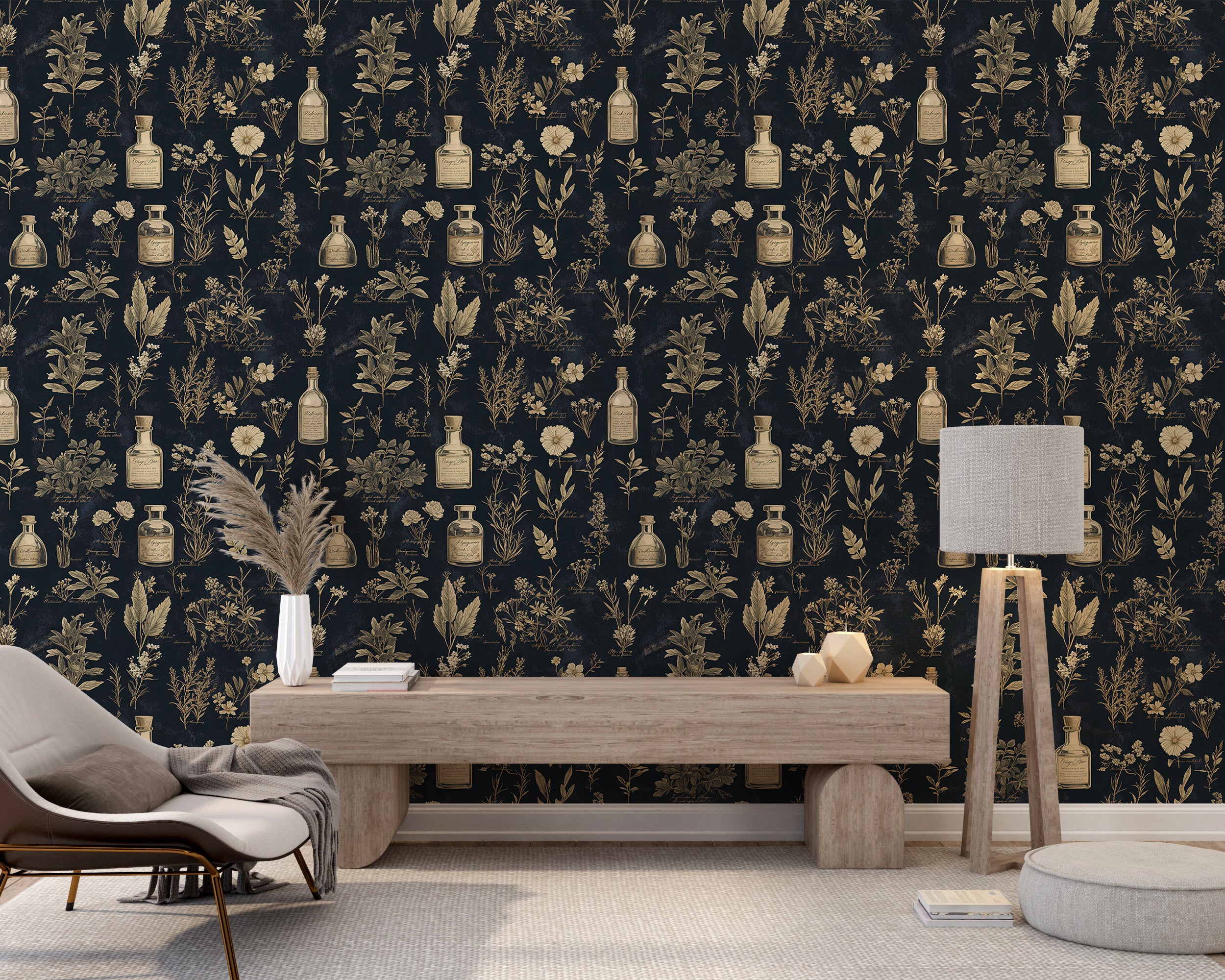 Dark Navy Blue Alchemy Symbols Wallpaper, Mystical Wallpaper, Ancient Alchemical Pattern, Herbal Peel and Stick Wallpaper