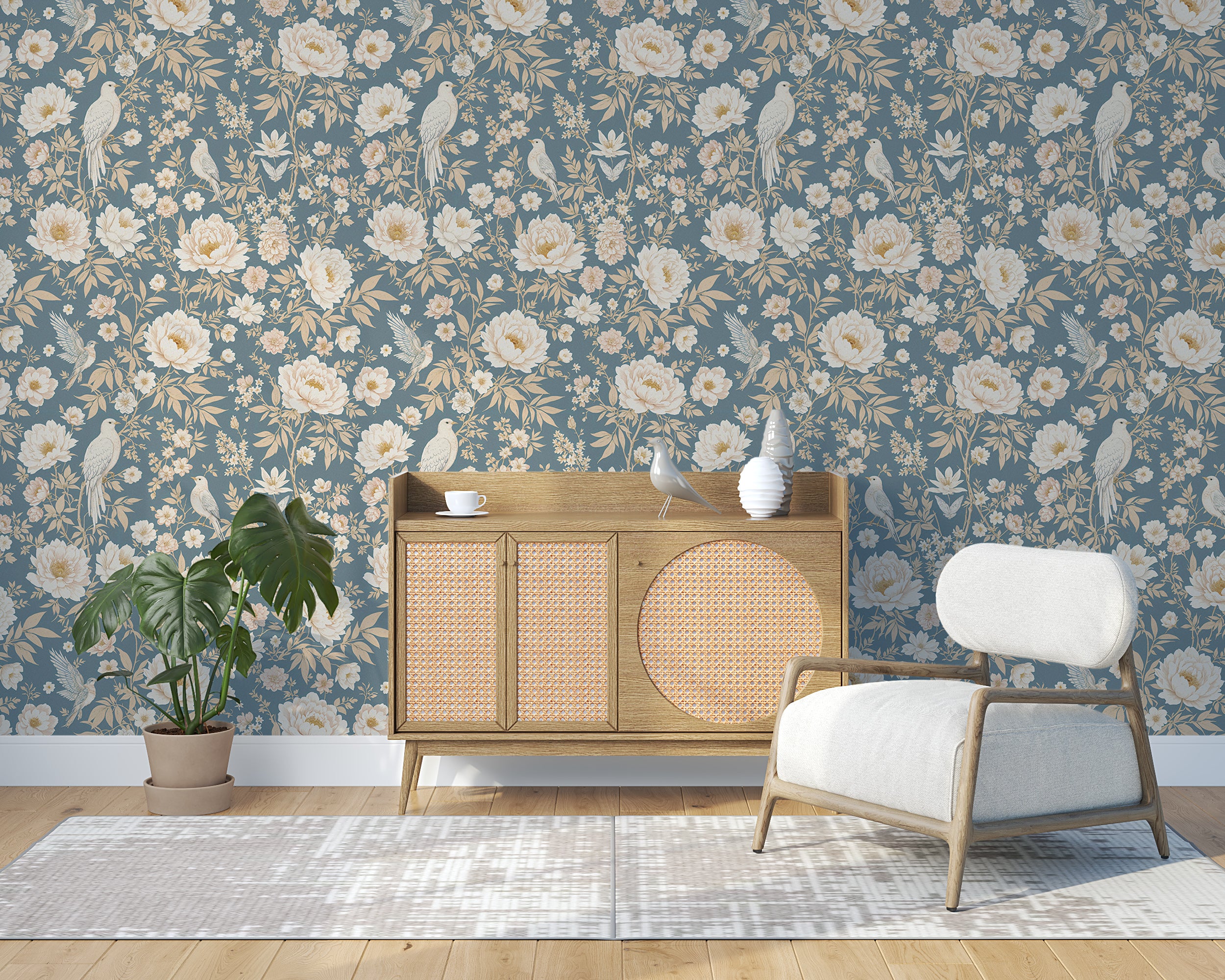 Baby blue chinoiserie design for home decor.
Soft blue floral wallpaper for refined spaces.