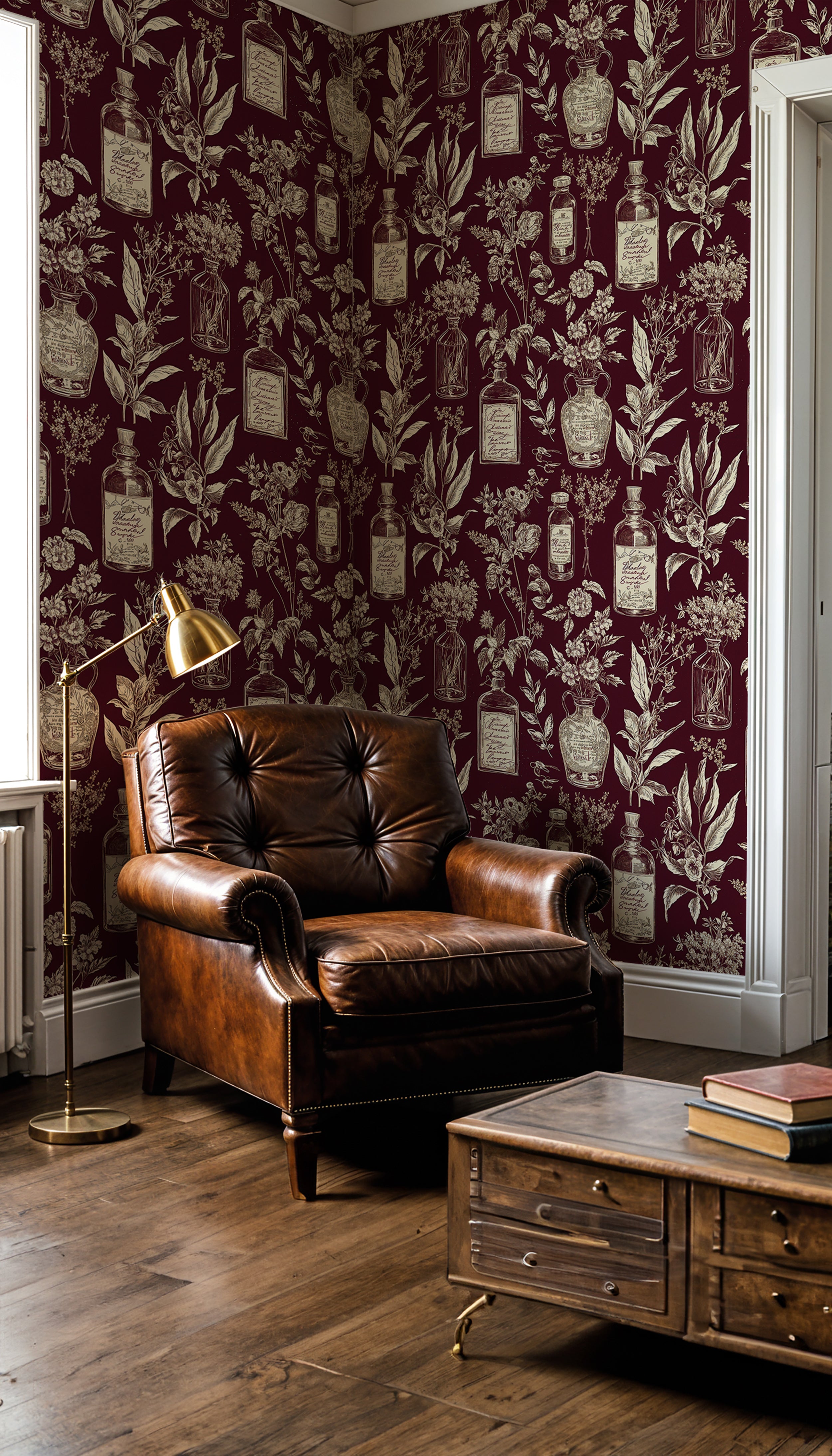 Dark Red Alchemy Symbols and Herbs Wallpaper, Mystical Herbal Wall Decor, Ancient Alchemical Design, Peel and Stick Wallpaper