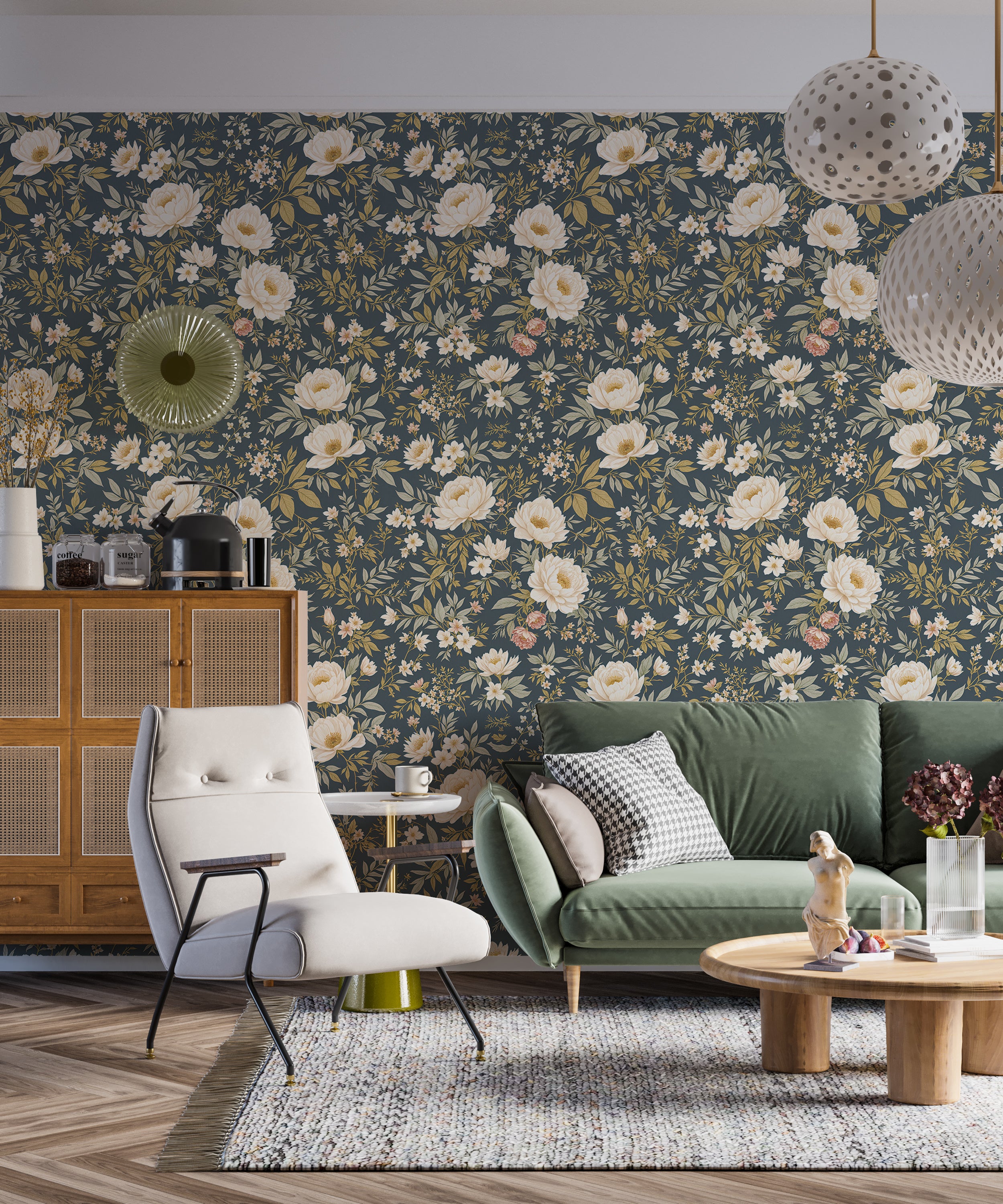 Peonies on Blue Muted Background Wallpaper, Elegant Floral Wall Decor, Soft Floral Wallpaper, Peel and Stick Renter-Friendly Wallpaper
