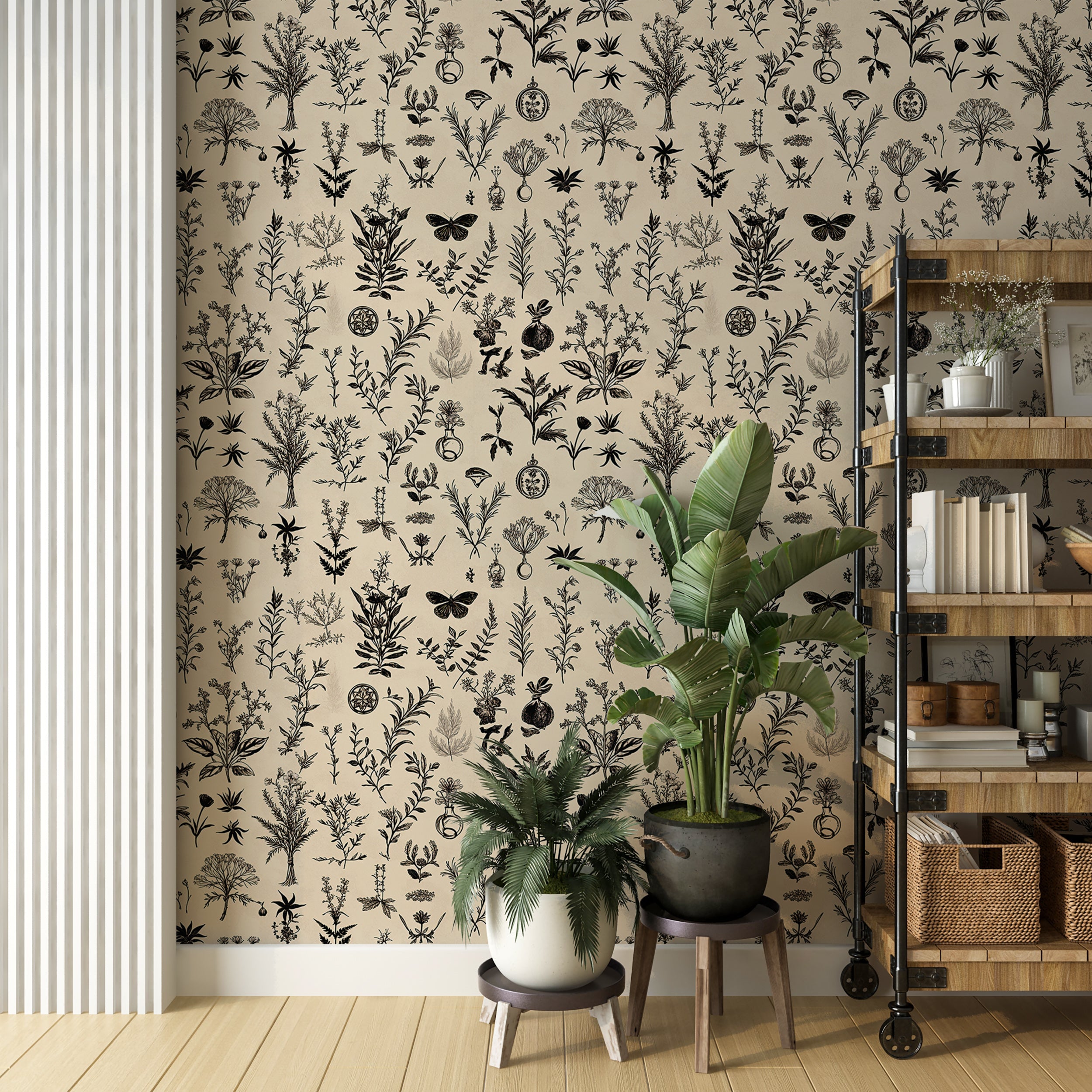 Beige Herbal Alchemy Symbols Wallpaper, Mystical Wall Decor, Spiritual Herb and Alchemical Decal, Renter-Friendly Peel and Stick Wallpaper