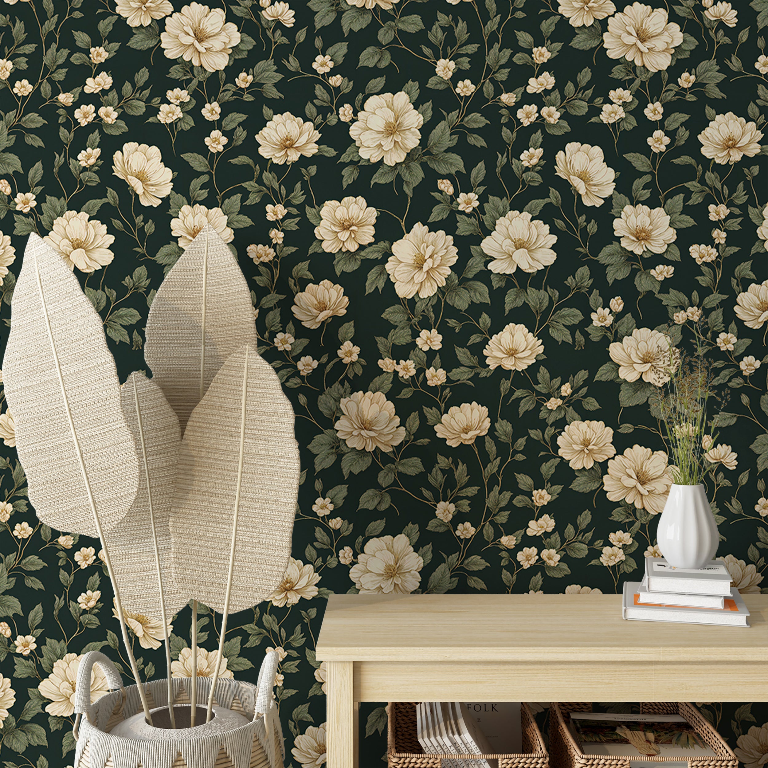 Dark green and creamy floral wallpaper.
Elegant peony floral wall mural.