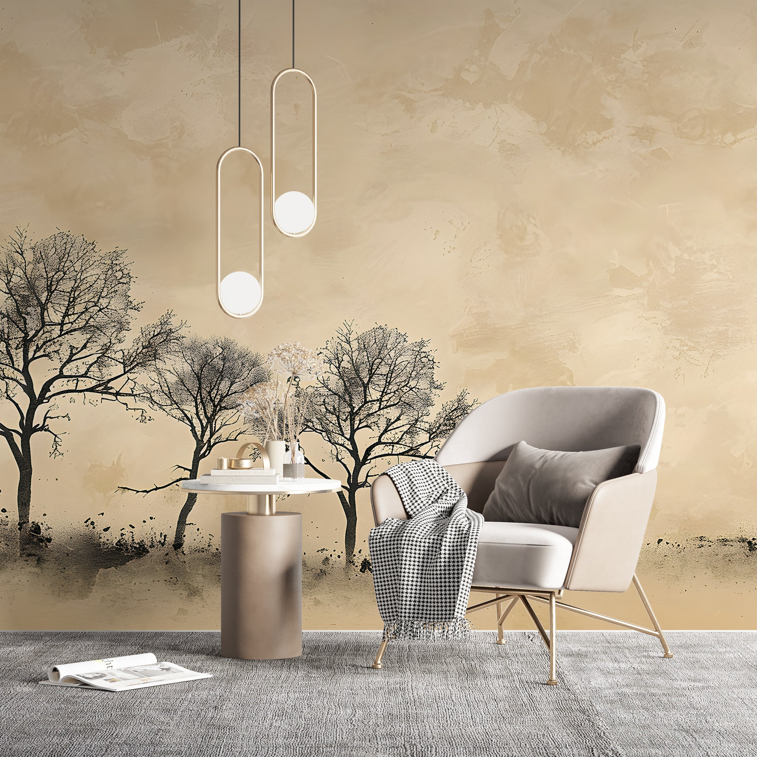 Beige Decorative Plaster Mural Textured Trees Wallpaper