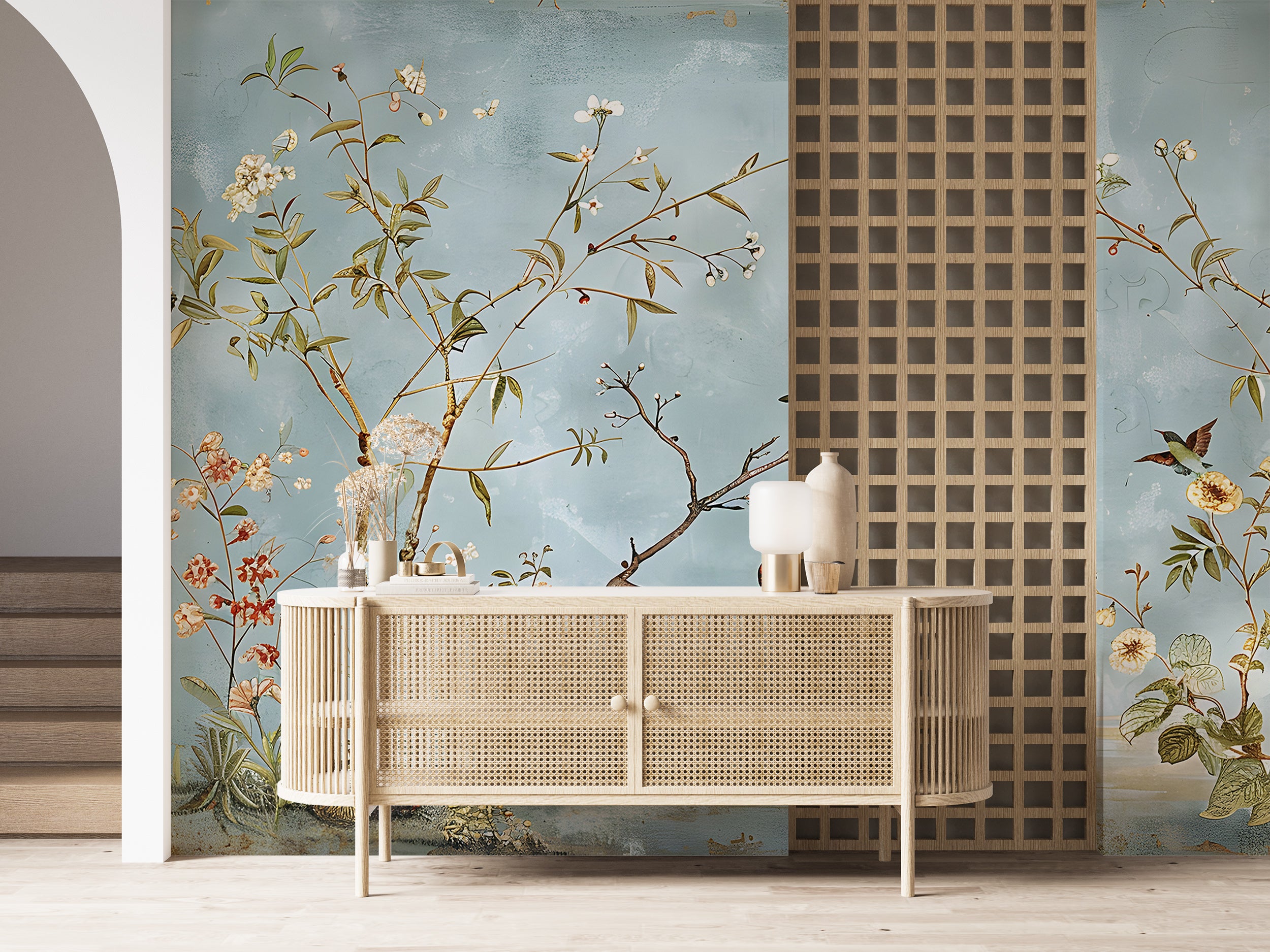 Serene Light Blue Chinoiserie Removable Wallpaper Peel and Stick Soft Pastel Color Botanical Decal