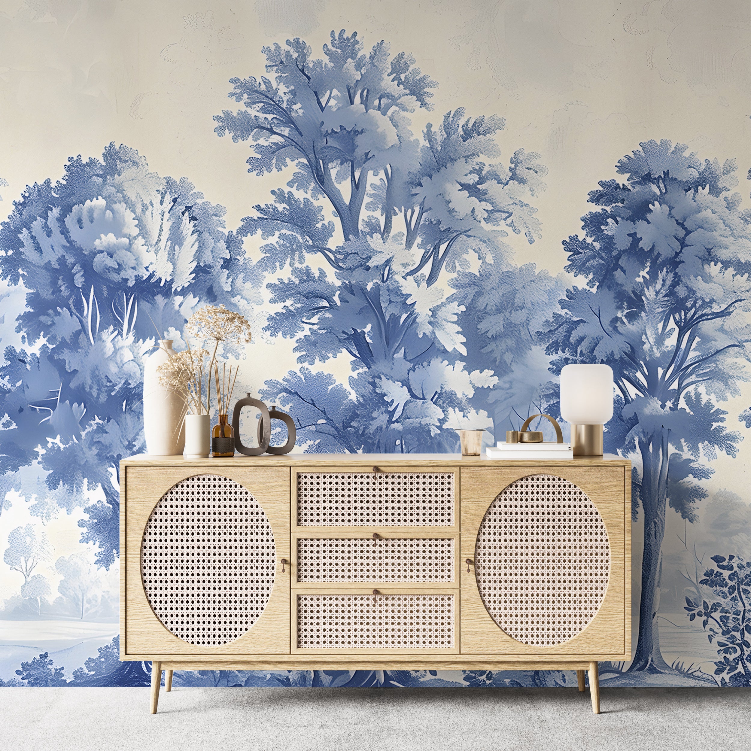 Charming Blue Trees Toile de Jouy Mural