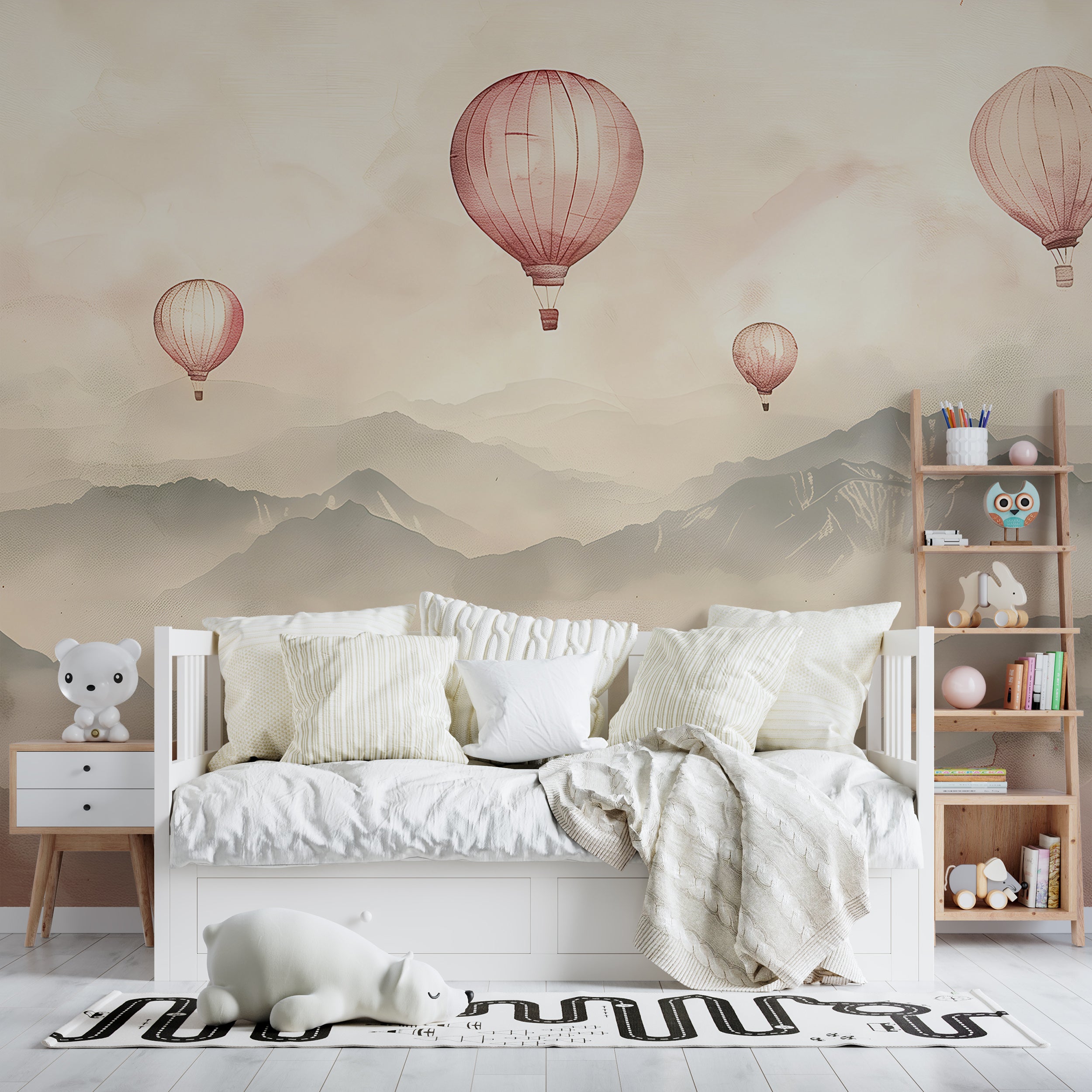 Soft Pink Hot Air Balloons Mural, Watercolor Mountain Landscape Wallpaper, Hot Air Balloons over the Mountains Mural, Peel and Stick Nursery