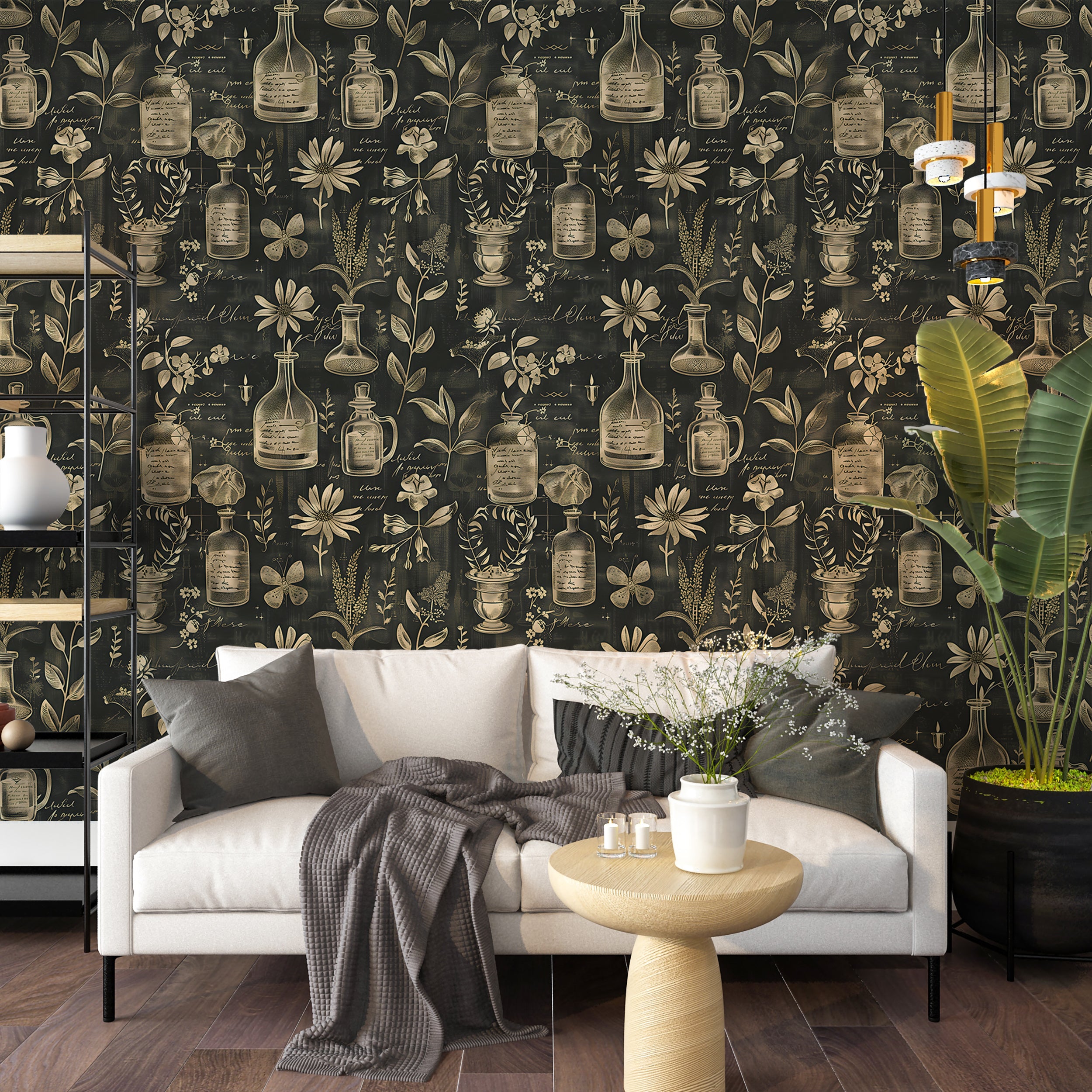 Removable vintage medical symbols wallpaper Old style flowers wallpaper