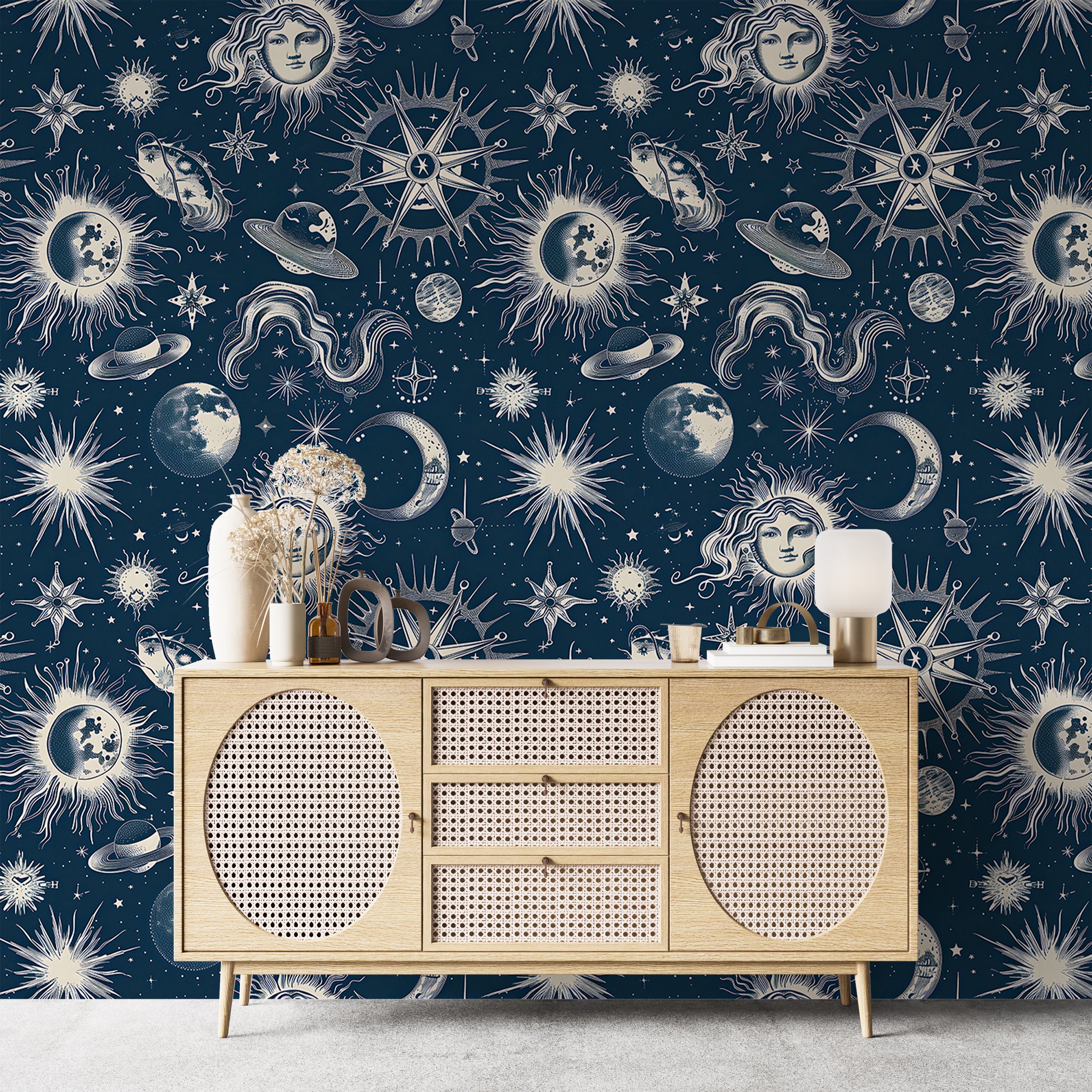 Dark blue celestial wallpaper Astrology symbols wall decor