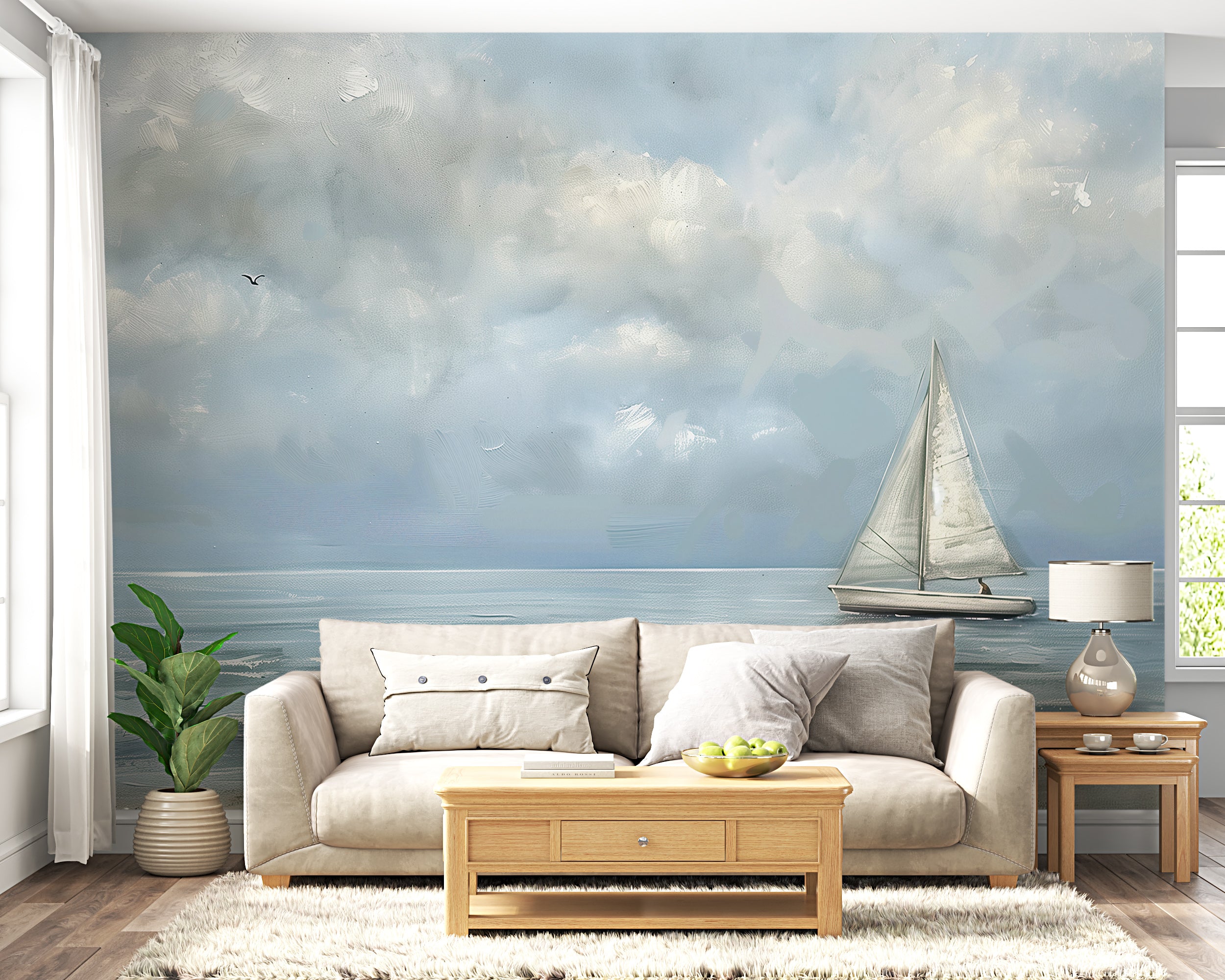 Elegant sailboat wall mural blue watercolor
