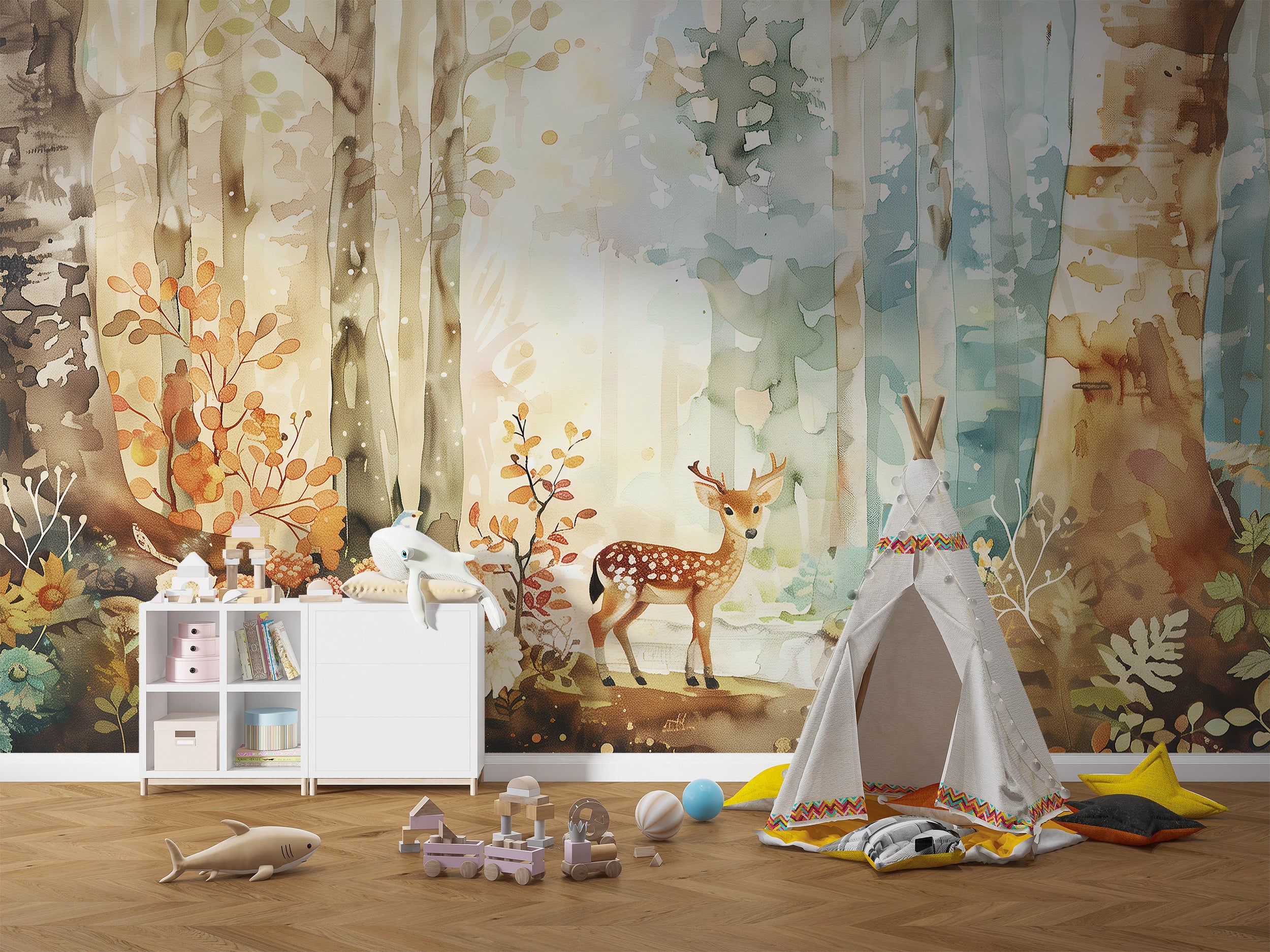 Watercolor fairy forest wall mural Woodland animals nursery wallpaper