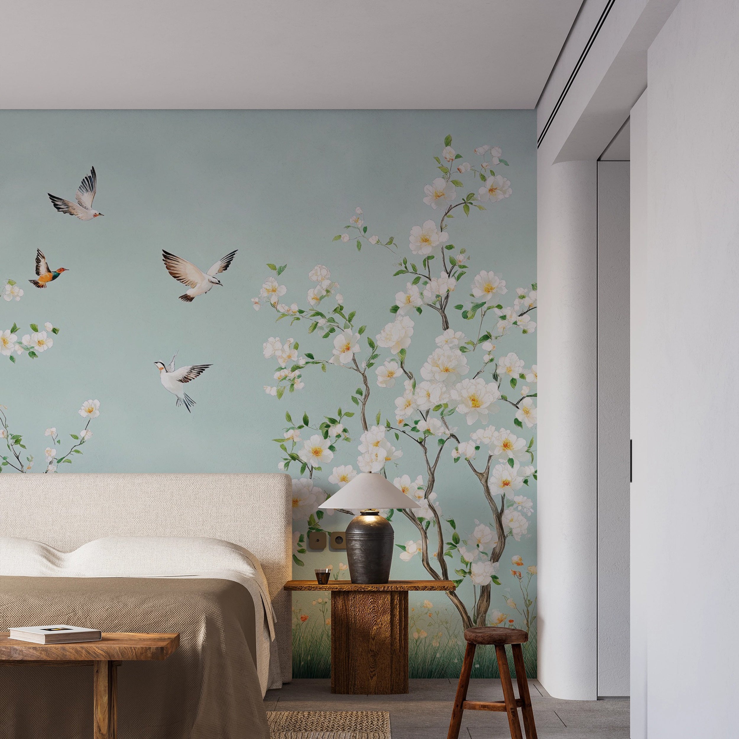 Soft Green and White Chinoiserie Wall Mural, Blossom Trees and Birds Wallpaper, Nursery Nature Wall Art, Peel and Stick or Traditional