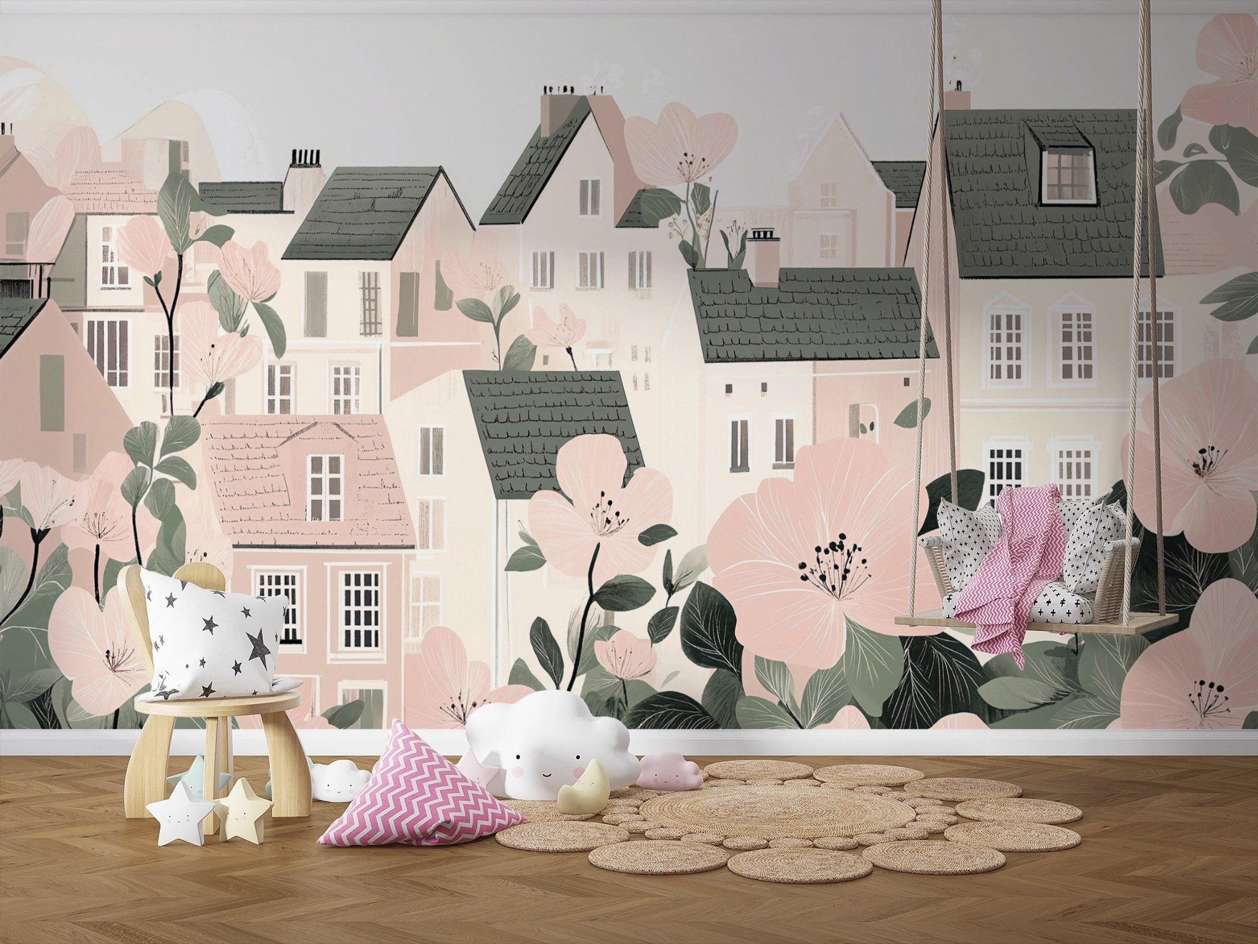 Mural infantil con casas en rosa suave y beige, papel pintado con un pueblo en flores, mural extraíble con acento de ciudad para habitación infantil.