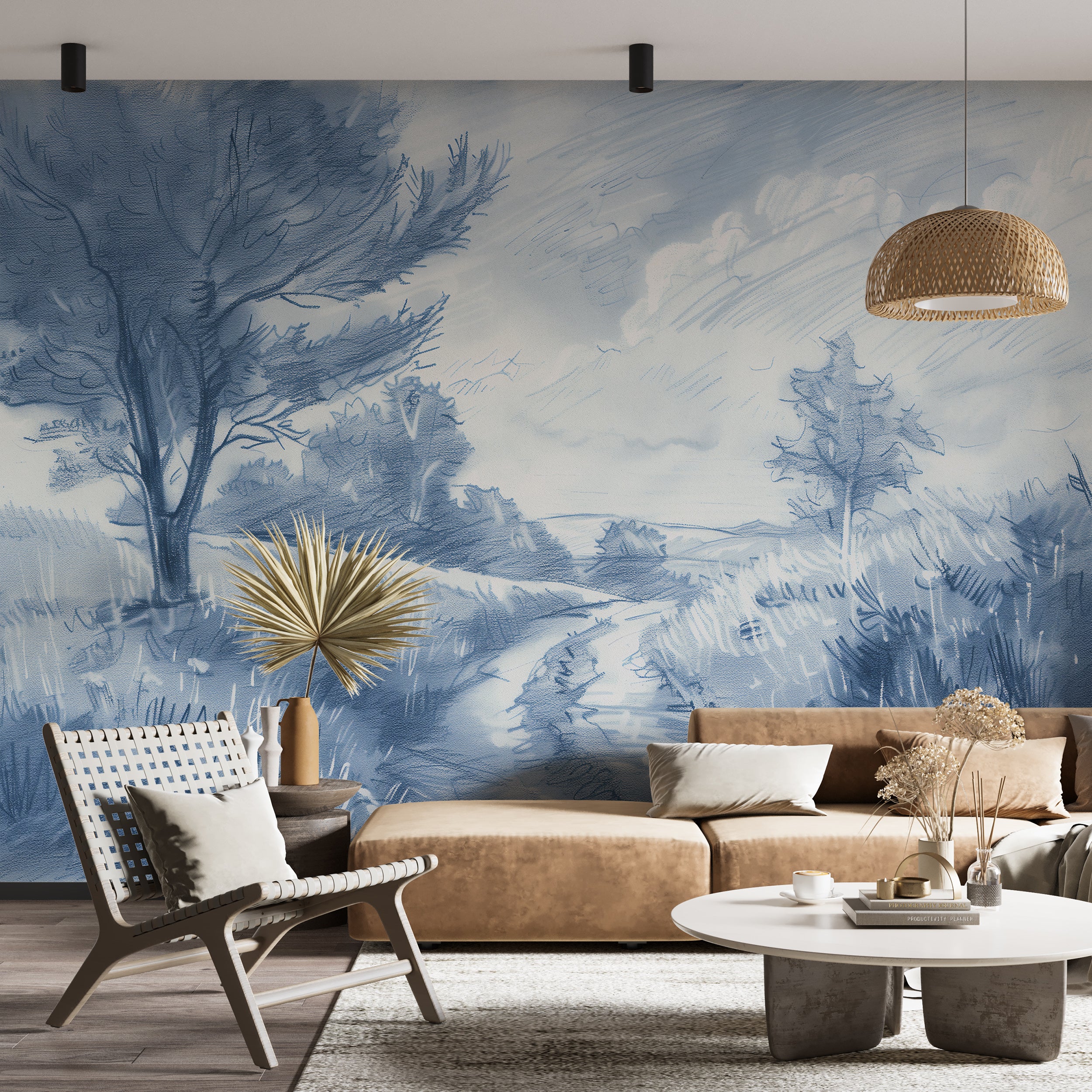 Blue Monochrome Field Mural, Toile De Jouy Landscape Wallpaper, Peel and Stick Road and Trees Classic French Wall Decor