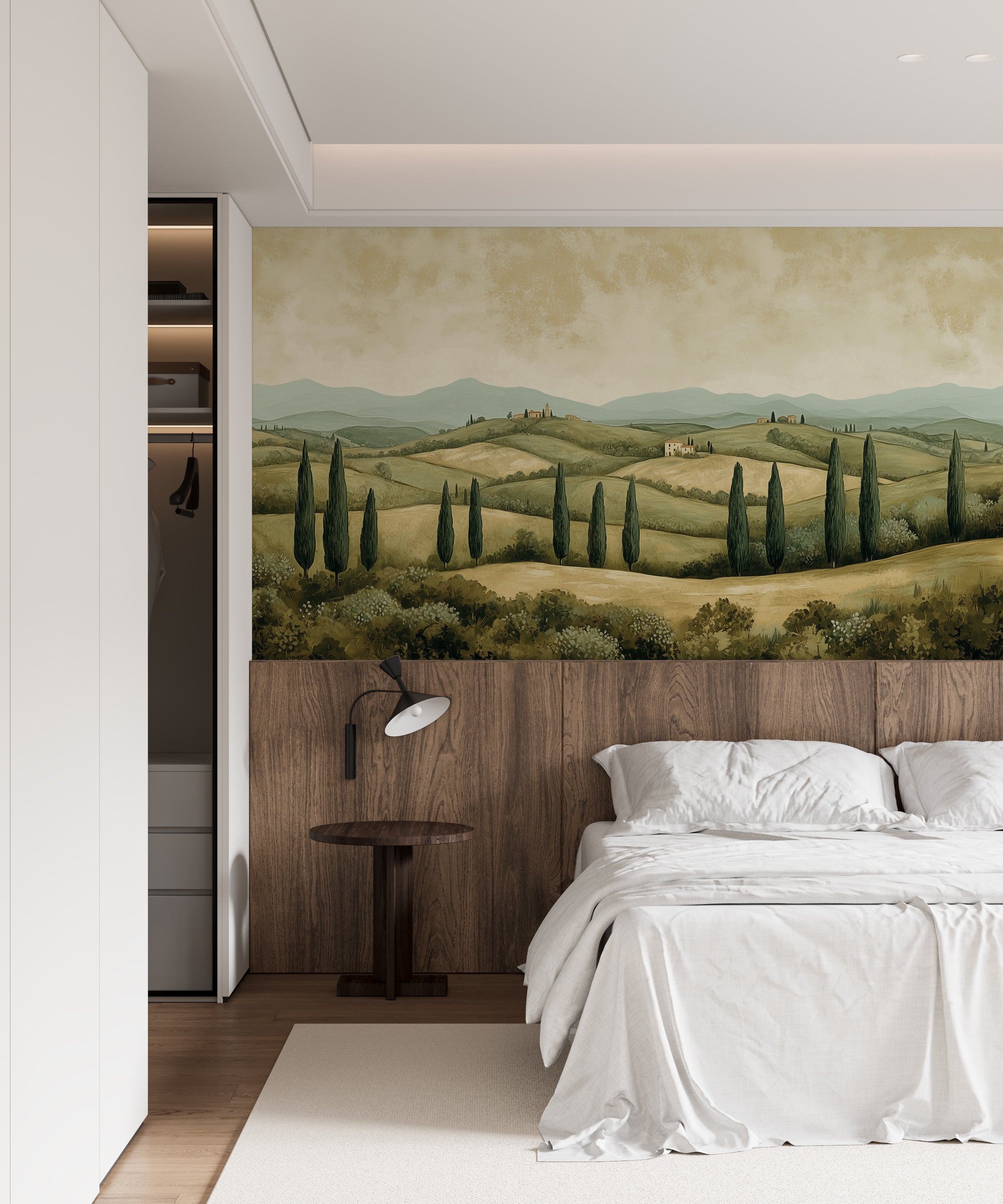 Lush green field mural for tranquil interior decor.
Italian-inspired vintage mural with watercolor accents.
