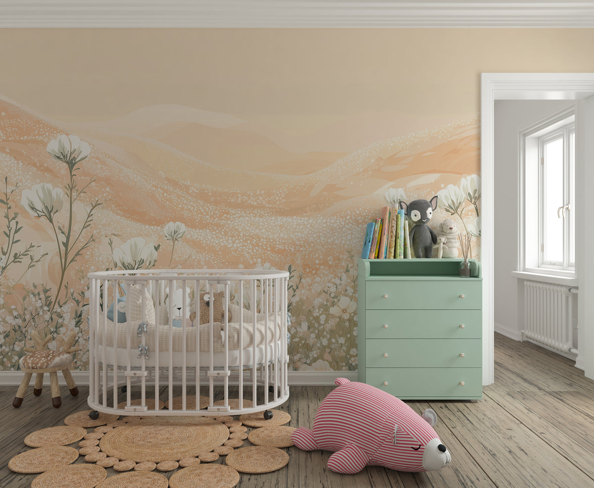 Soft Beige Flower Field Mural - Nursery Warm Botanical Decor