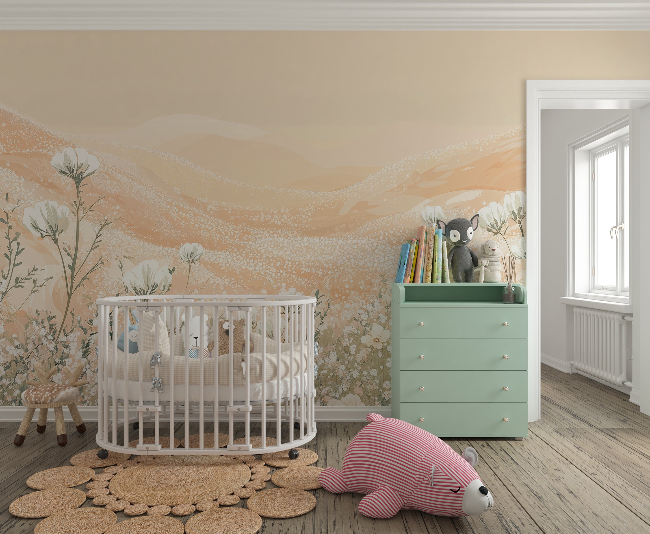 Soft beige flower field mural with white flowers.
Warm botanical nursery decor with a flower meadow.
