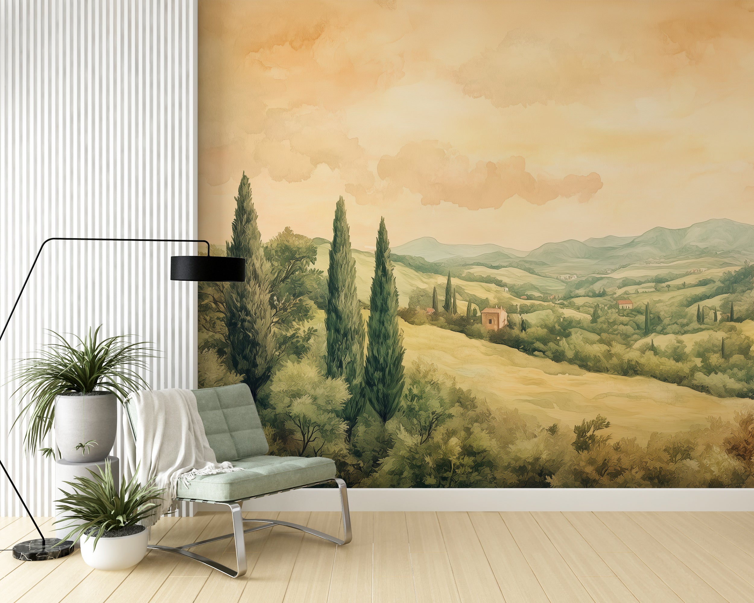 Retro Scenic Wallpaper, Vintage Italian Watercolor Landscape Mural, Soft Warm Old Style Wallpaper