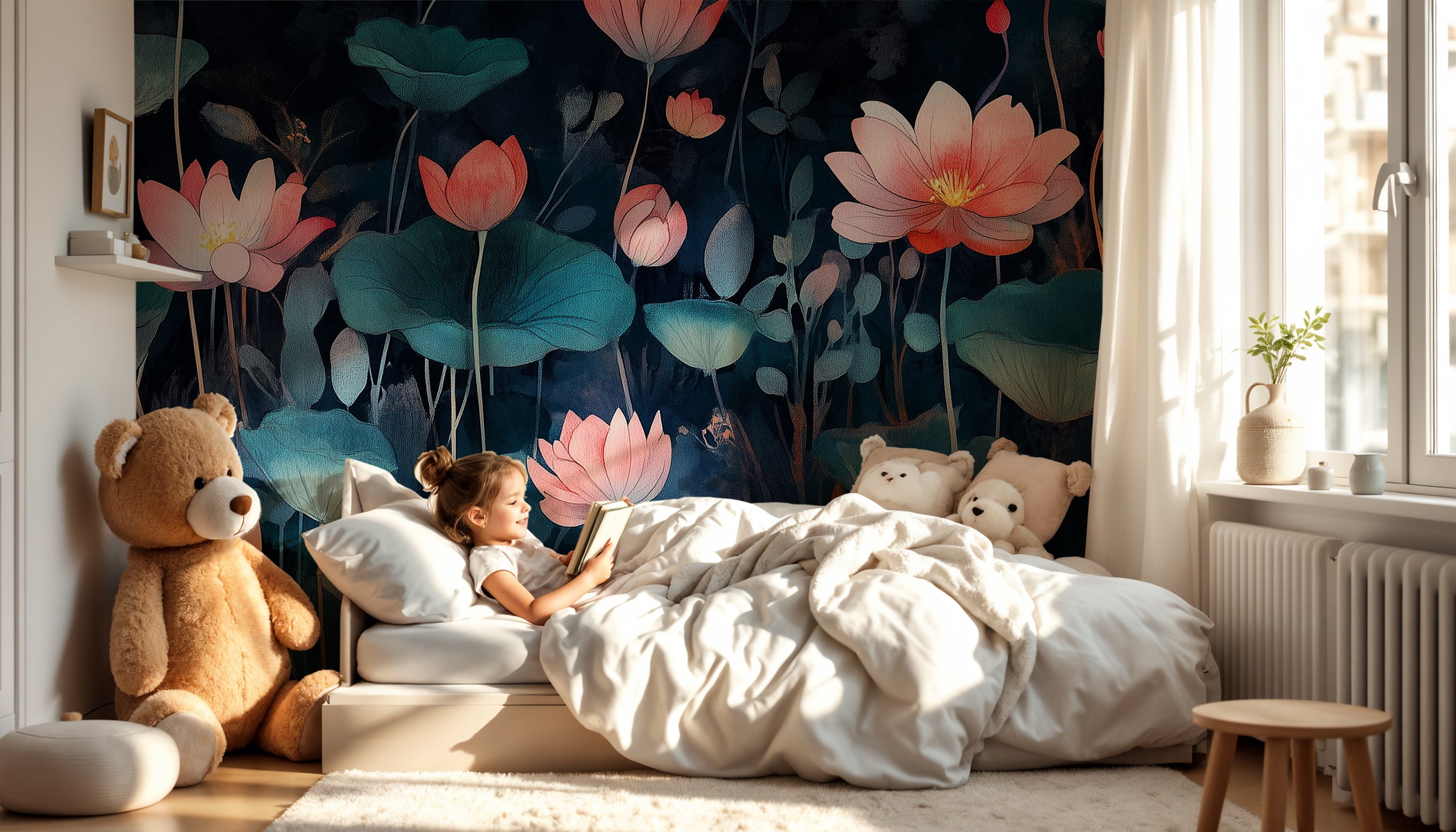 Mural de flores de loto oscuras, papel tapiz botánico con acentos, decoración de pared floral en azul oscuro y rosa autoadhesiva.