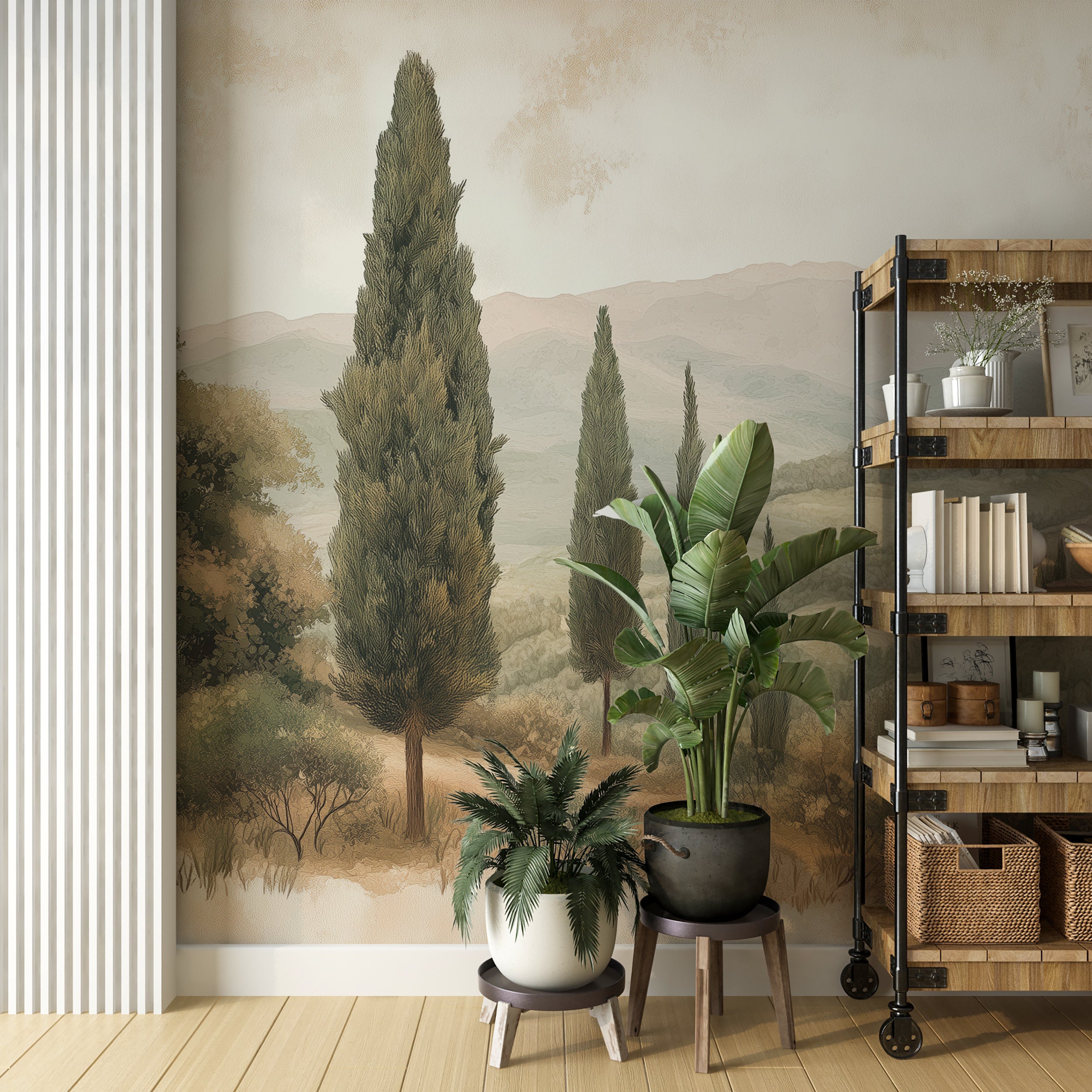 Removable vintage wallpaper mural with retro countryside scene.
Watercolor painting of rolling hills and scenic views wallpaper.