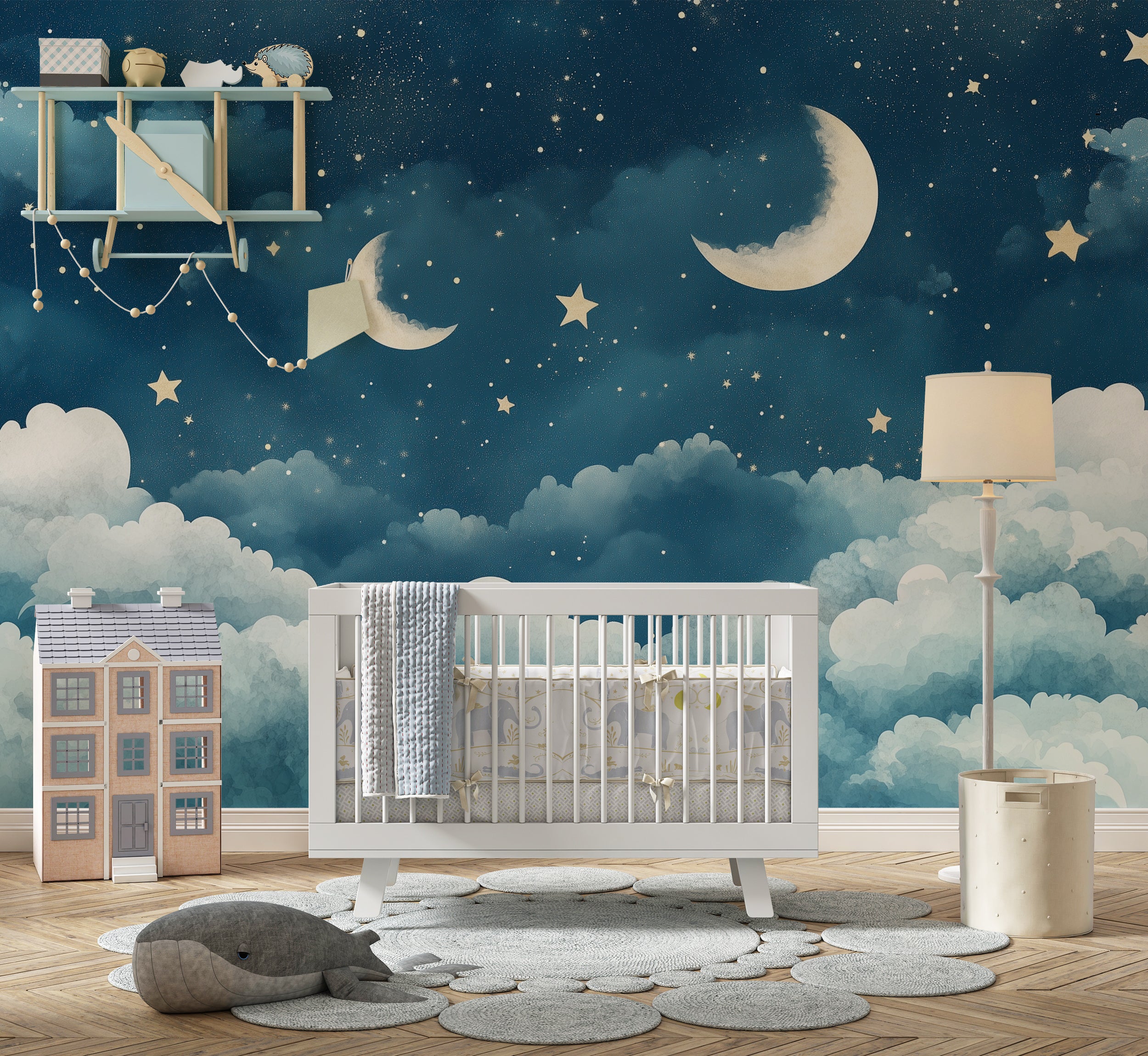 Watercolor Starry Night Wallpaper, Nursery Cloudy Sky Wall Mural, Peel and Stick Crescent Moon and Stars Kids Decor