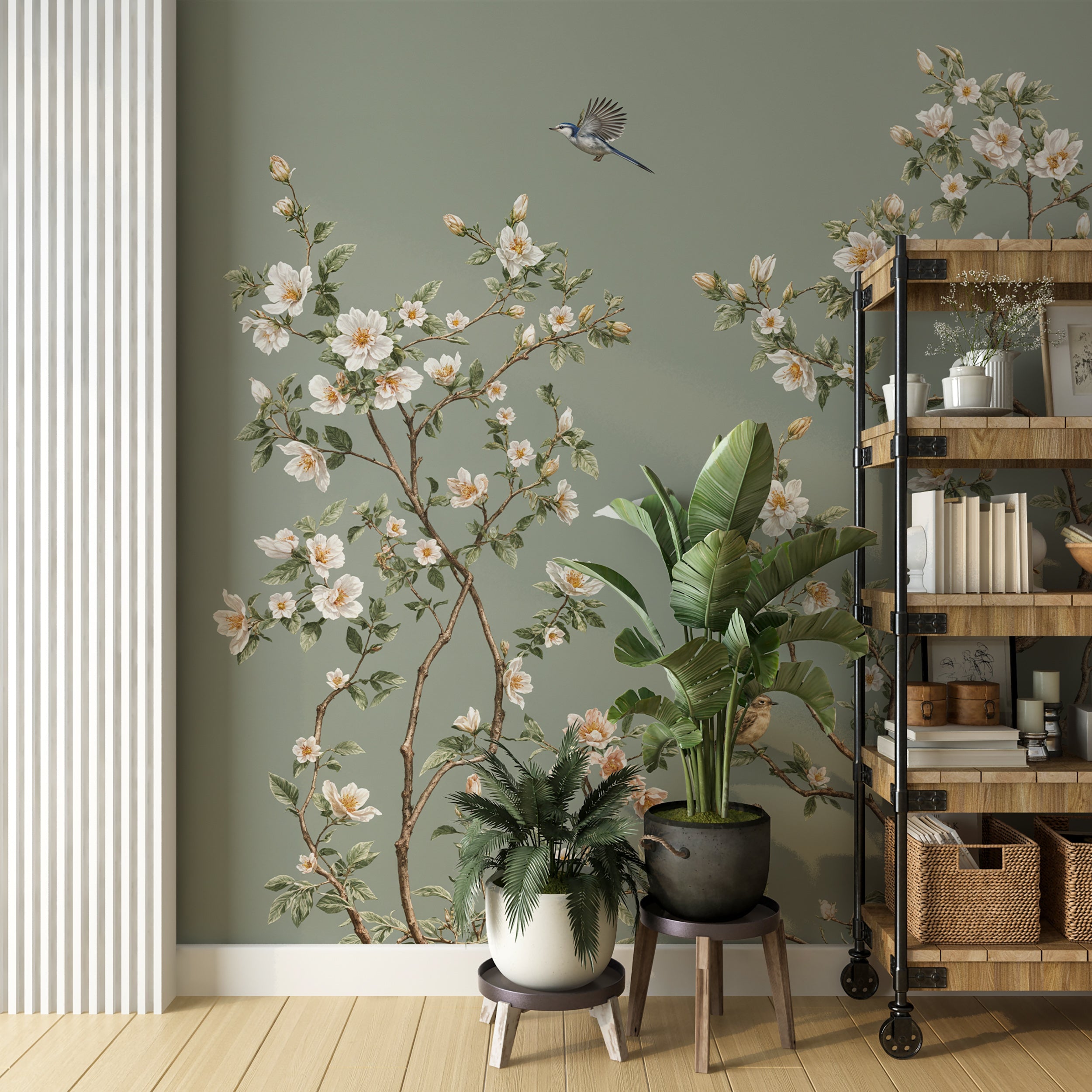 Muted Green Chinoiserie Wallpaper with White Cherry Blossoms and Birds Tree Branches Removable Wall Mural