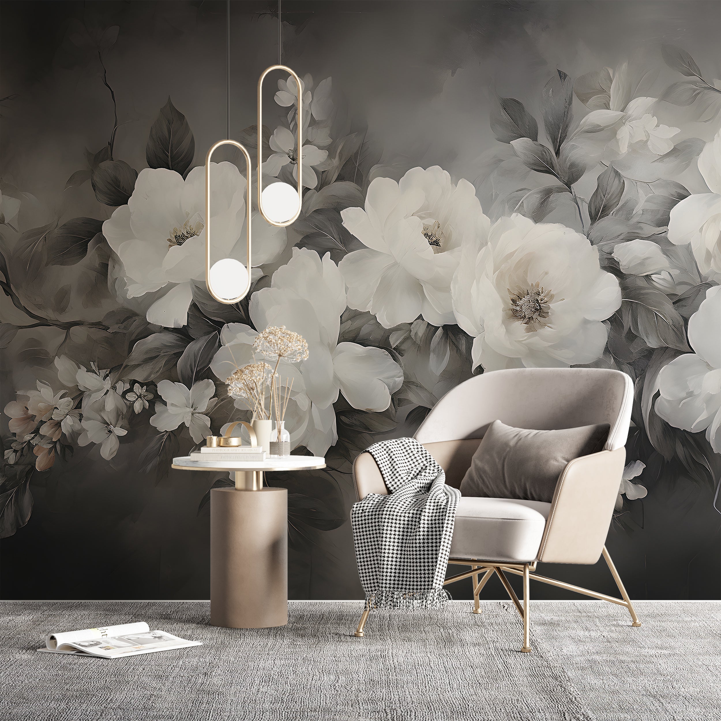 Dark Botanical Mural with Black and White Peonies