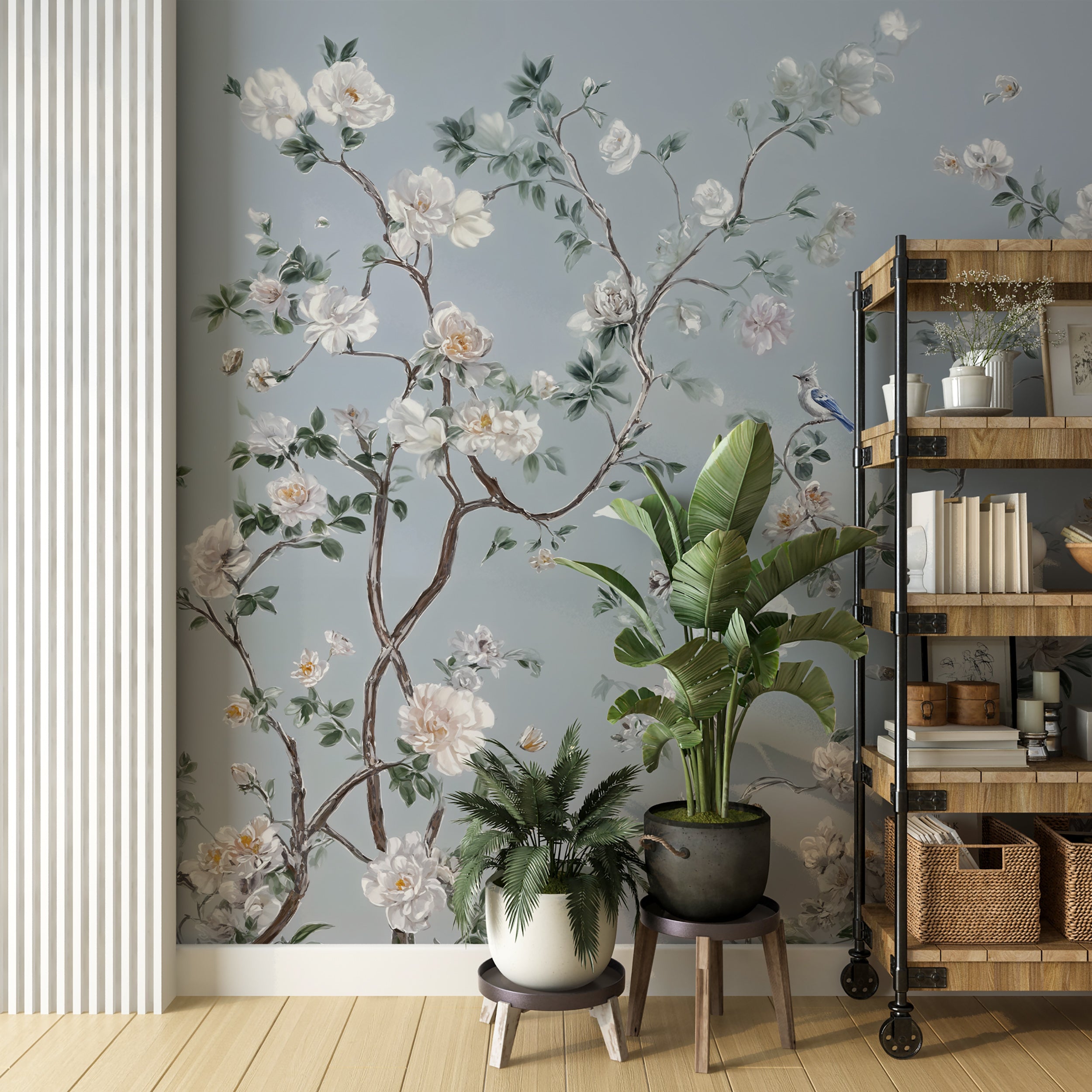 Watercolor Baby Blue Chinoiserie Wallpaper Blossom Branches and White Flowers Peel and Stick Japanese Wall Mural