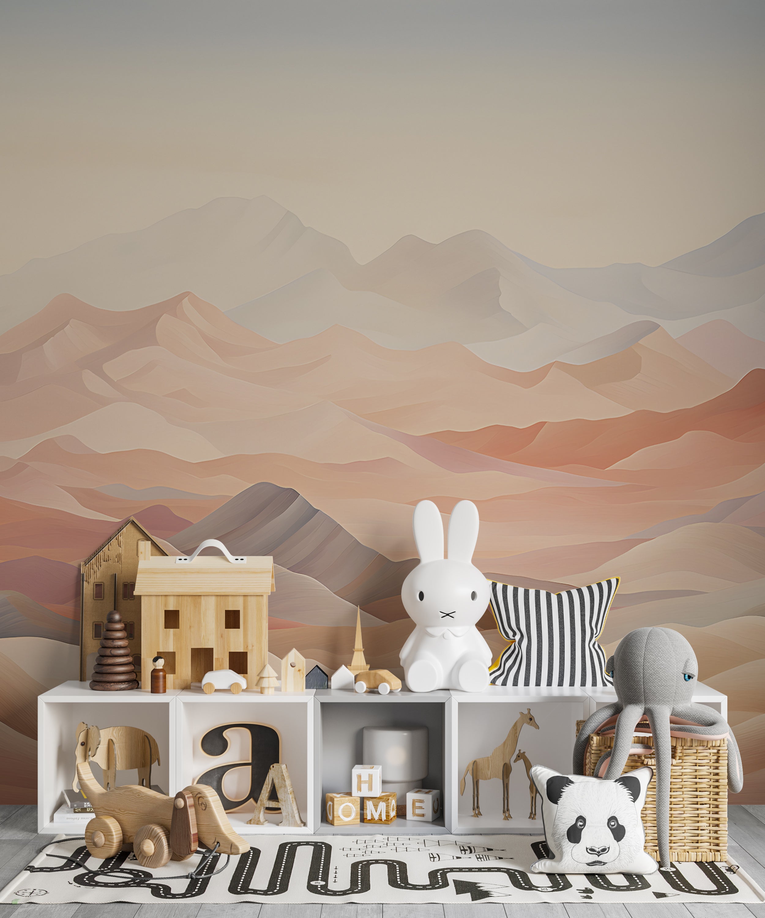 Boho Nursery Decor with Pink Mountains