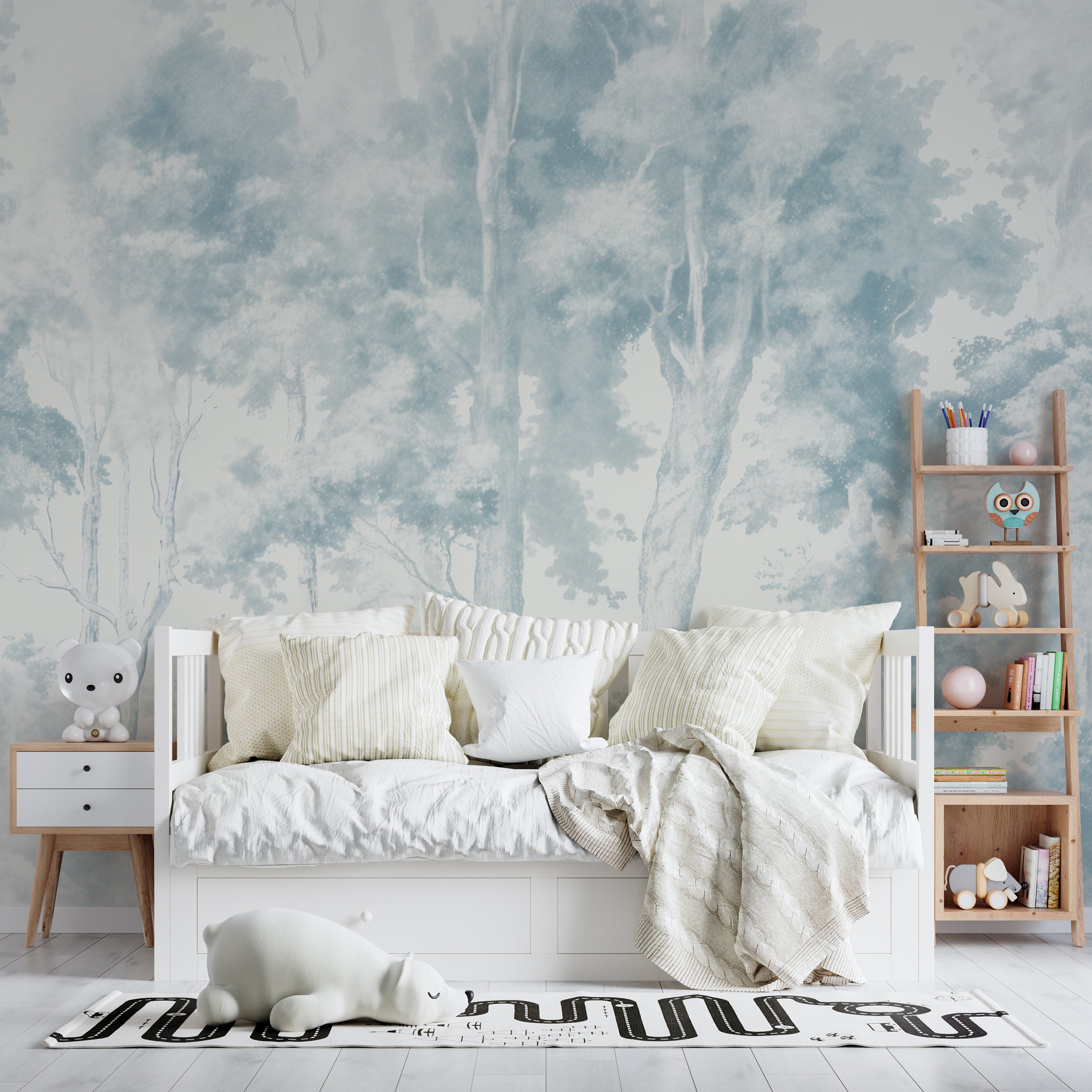 Light blue monochrome woodland mural
Vintage-style blue forest wallpaper