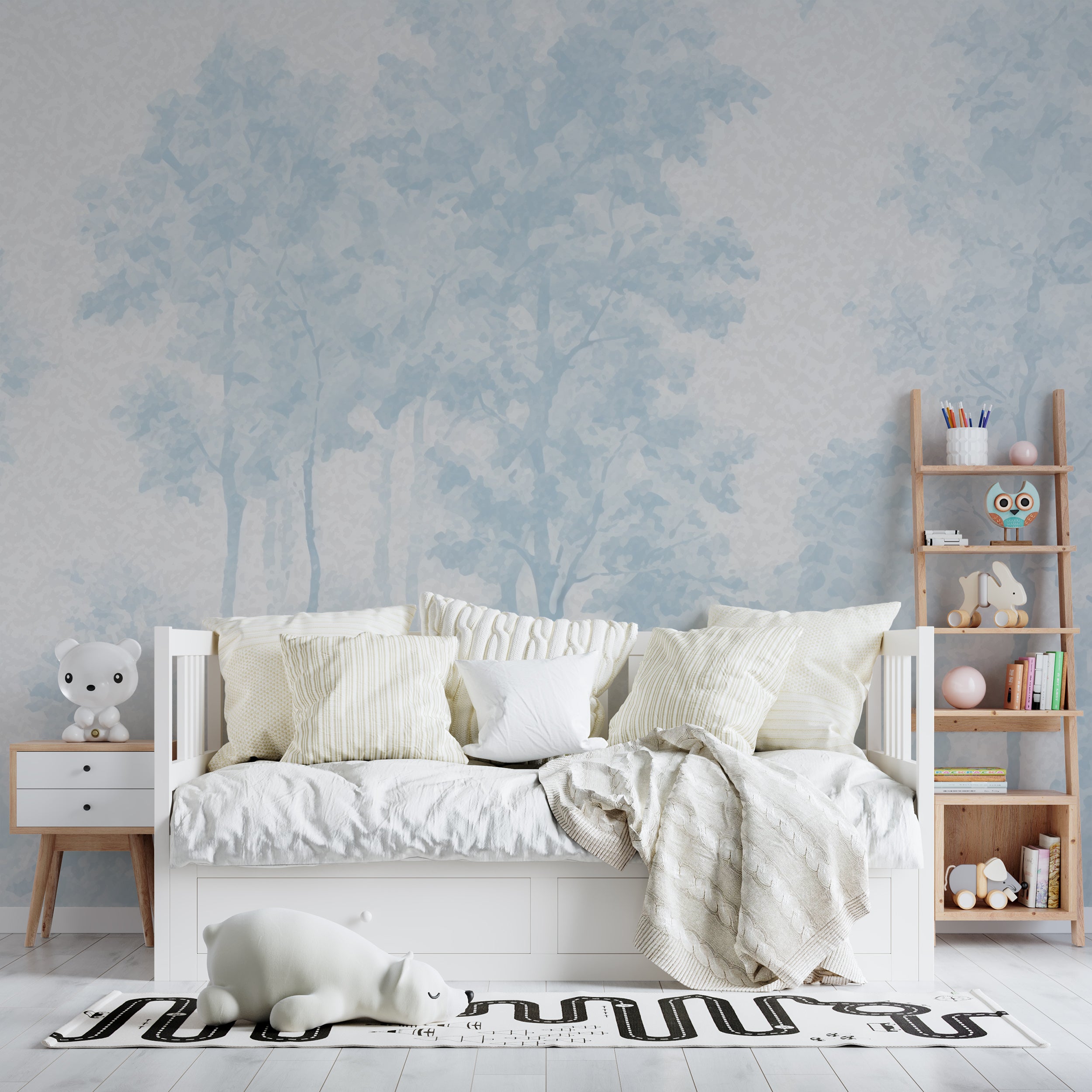 Blue Trees on White Background Forest Mural in Light Blue Toil de Jouy Style Peel and Stick Wallpaper