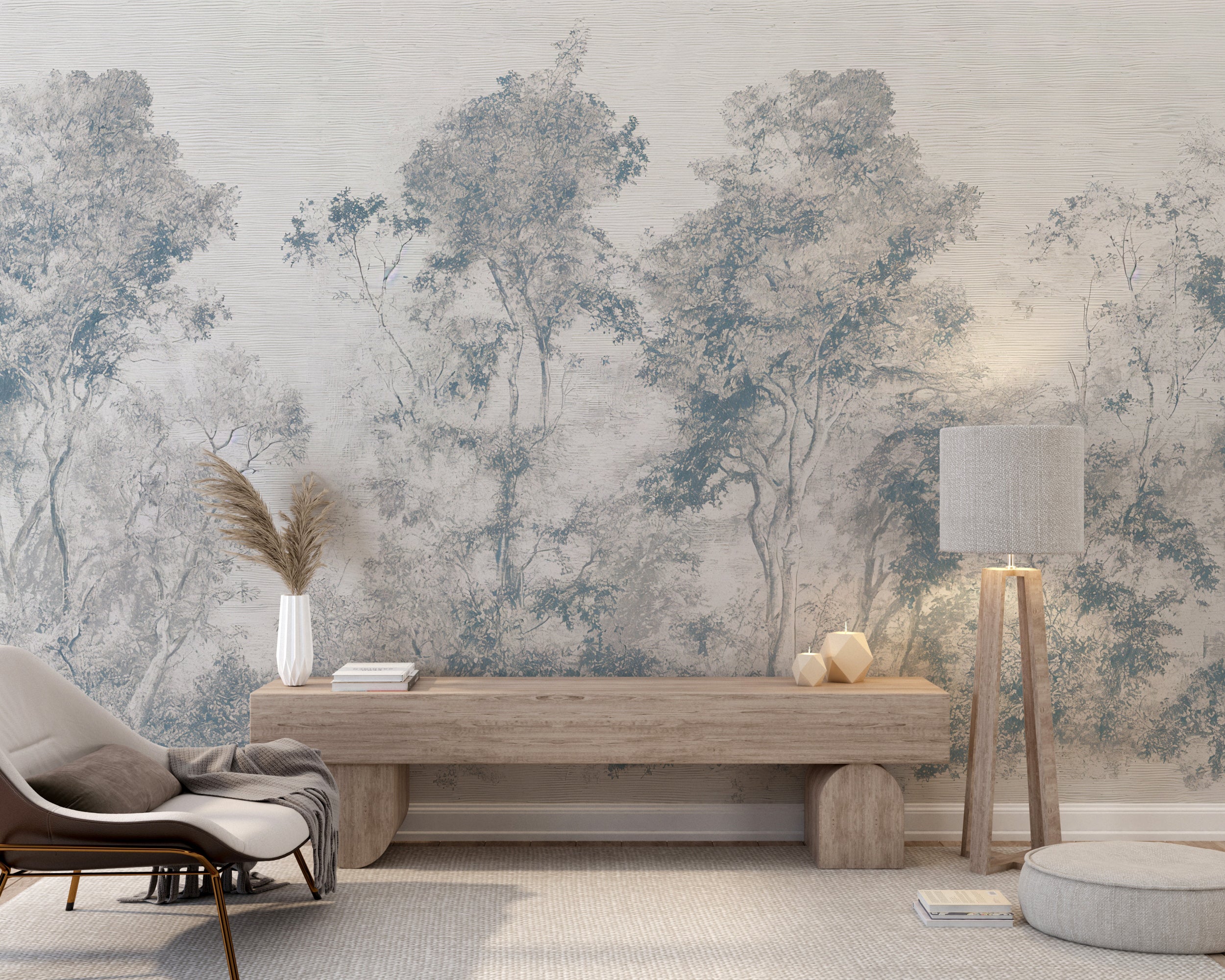 Grey Forest Monochrome Mural in Sepia Tone Peel and Stick Washed Out Trees Wallpaper