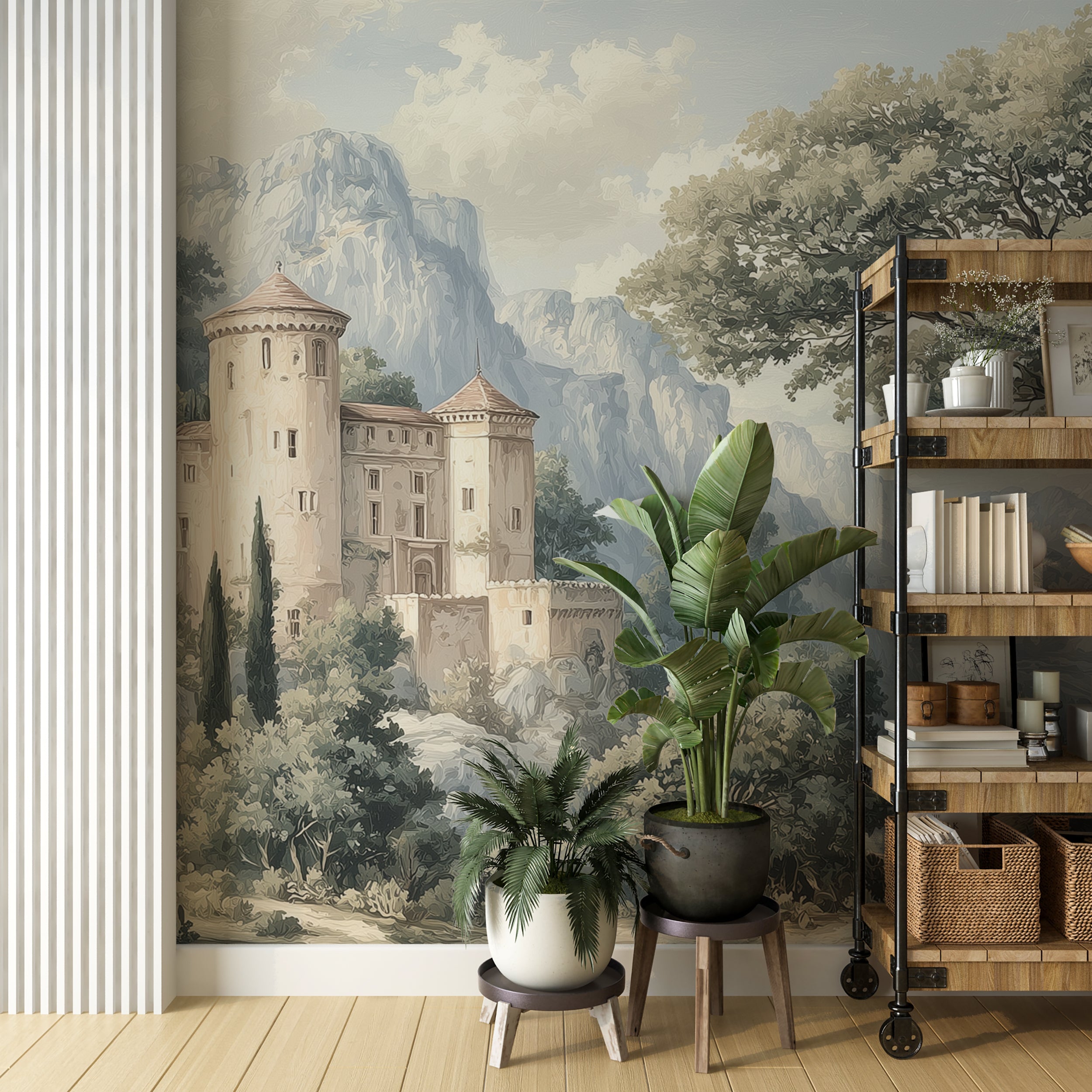 Vintage European Castle Landscape Mural, Muted Old World Wall Mural with Trees and Mountains, Peel and Stick Scenic Wallpaper