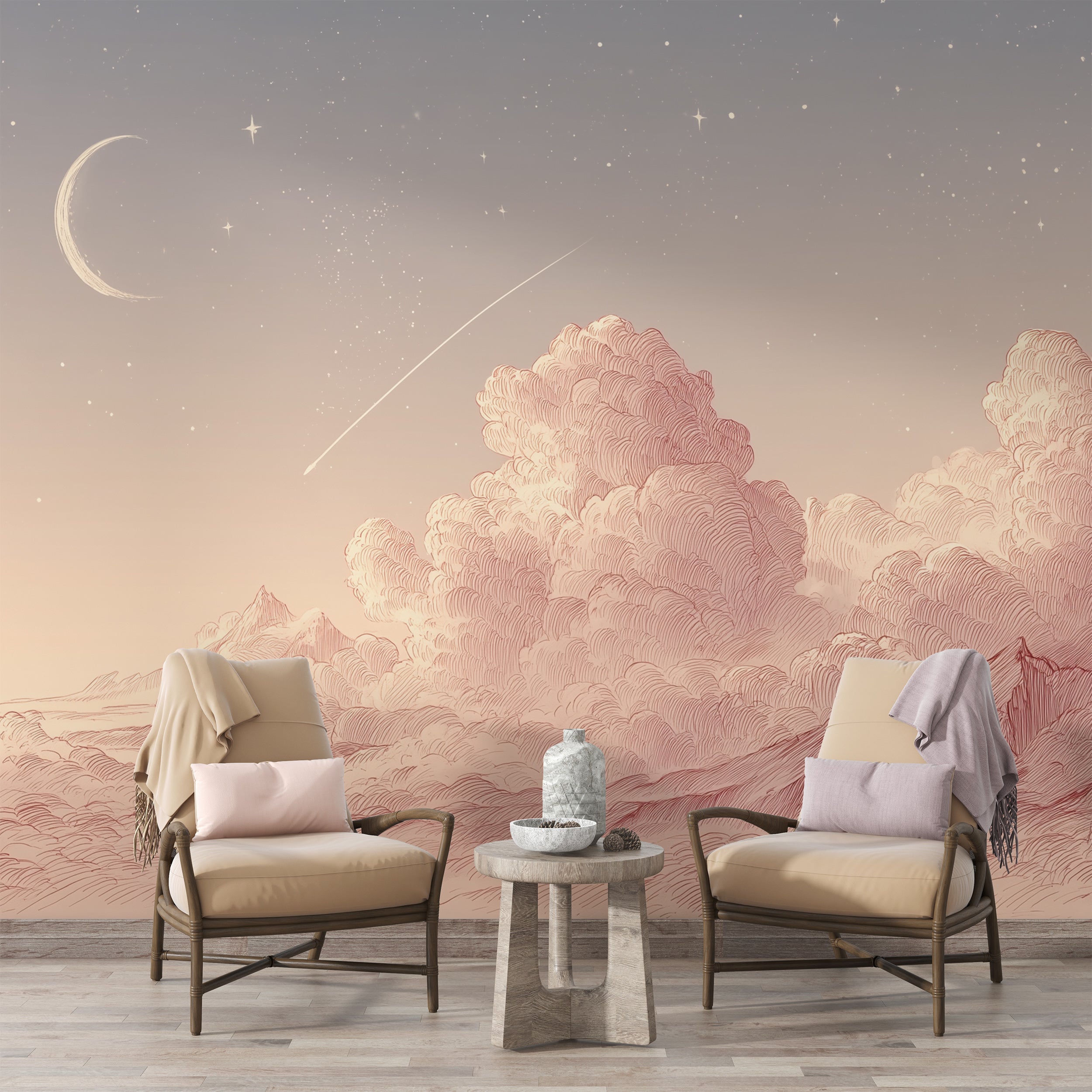 Blush Pink Cloud and Crescent Moon Mural, Starry Sky Wall Mural for Nursery or Bedroom, Soft Dreamscape Peel and Stick Wallpaper