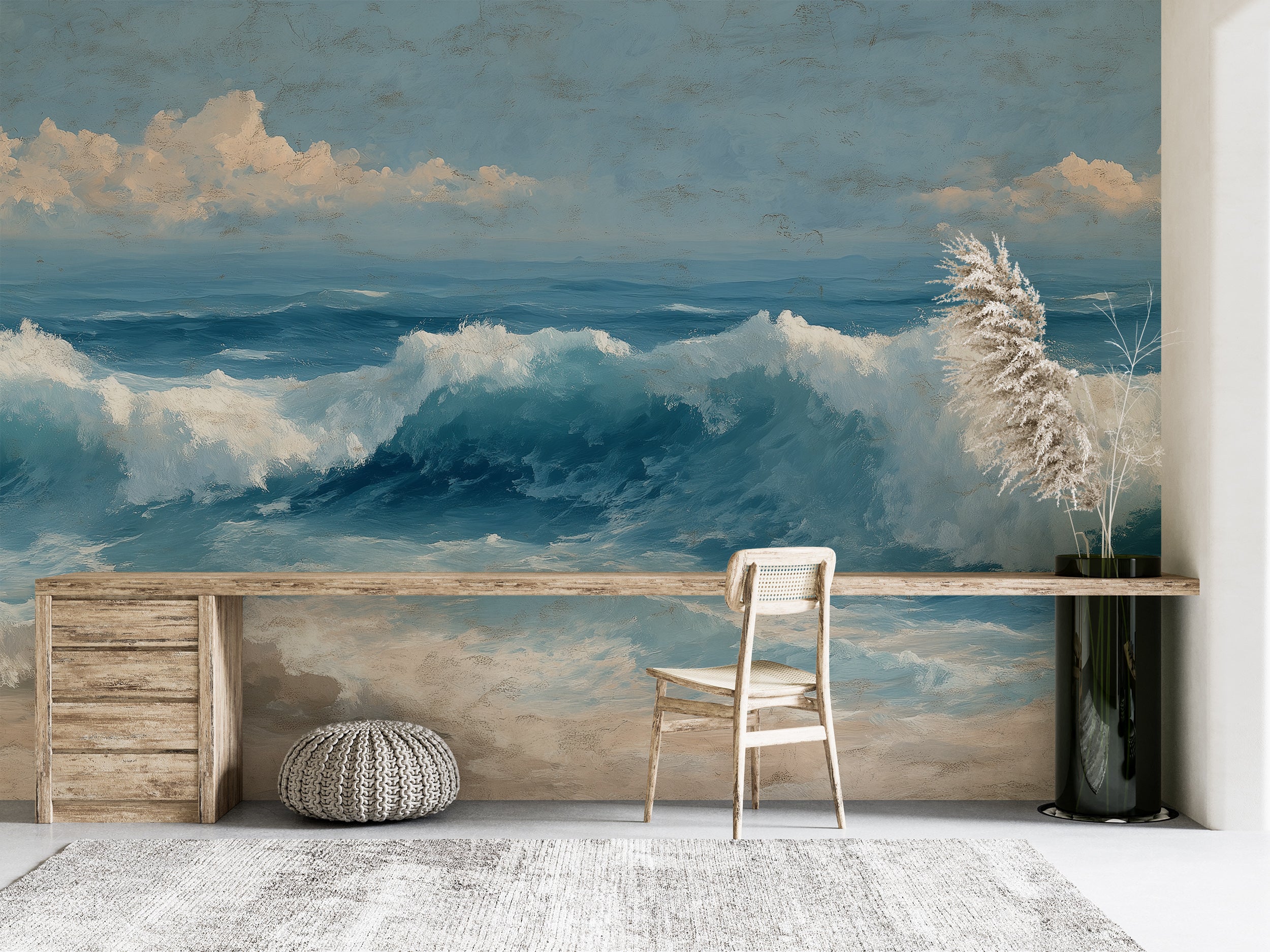 Ocean Wave Oil Painting Wall Mural, Coastal Blue Sea Wallpaper, Large Scale Rolling Waves Seascape Decor