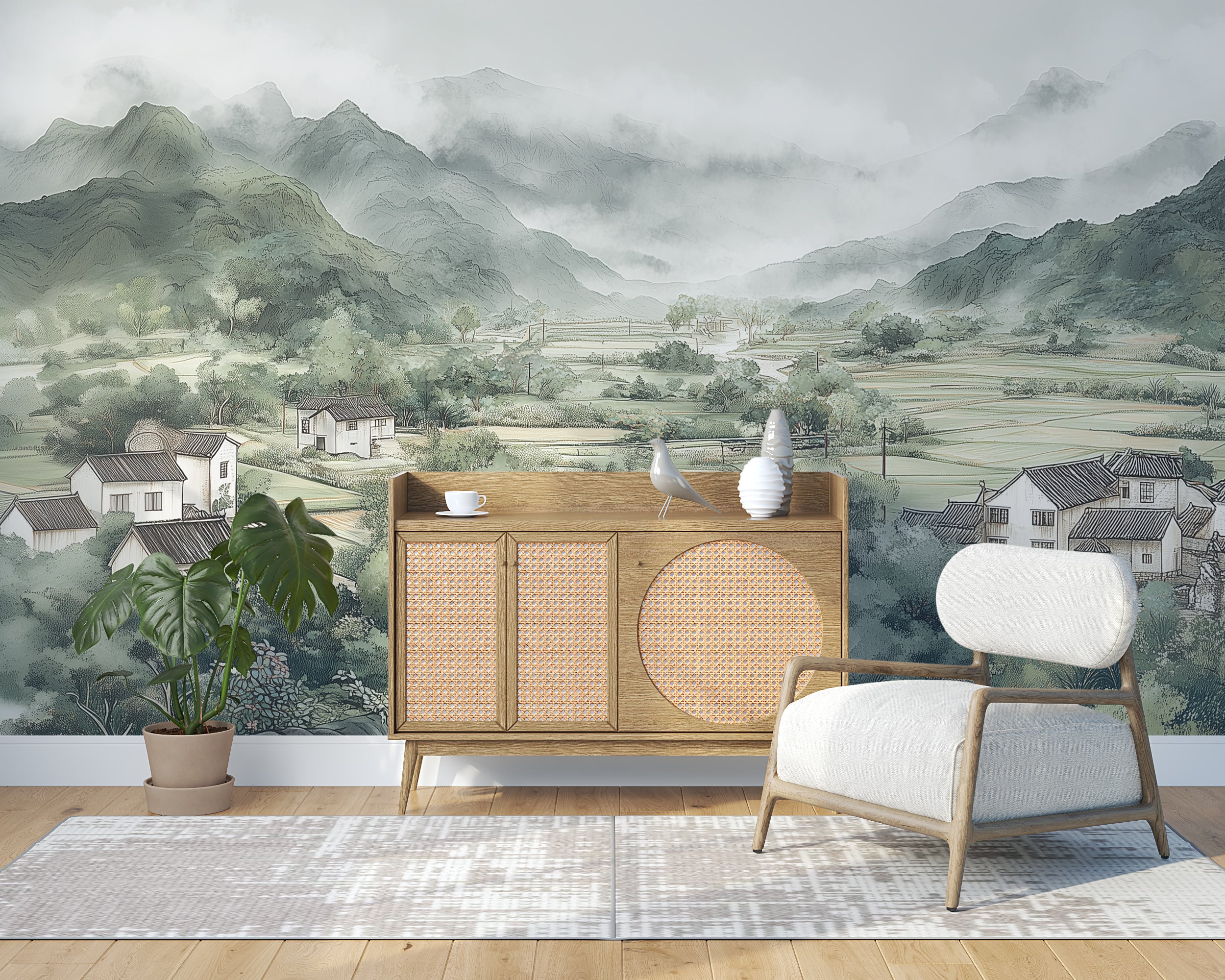 Misty Mountain Village Wall Mural, Chinese Ink Style Landscape Wallpaper, Tranquil Scenic Green Valley Wall Decor