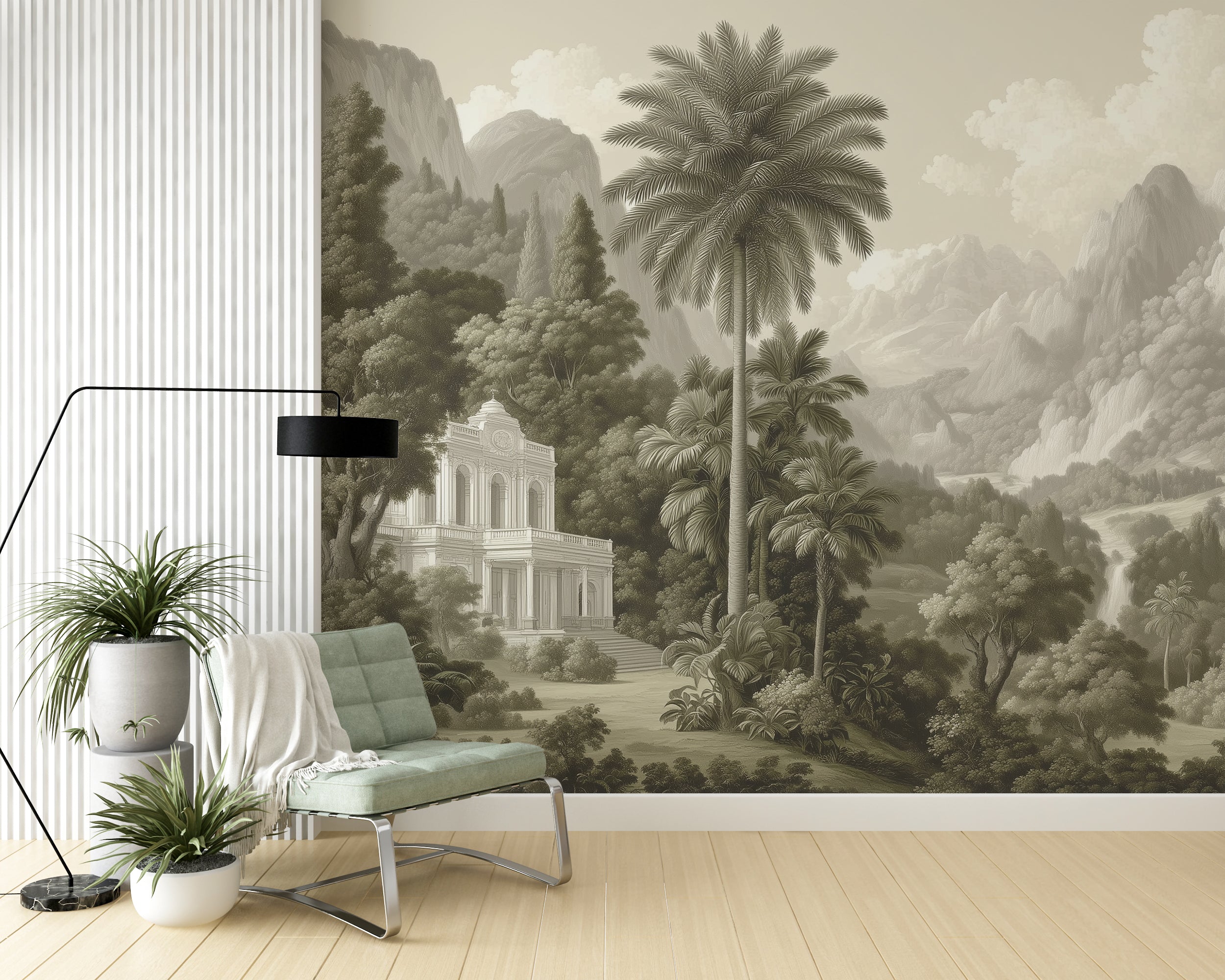 Jungle scene with mountains in background
Neutral toned architectural wall mural
