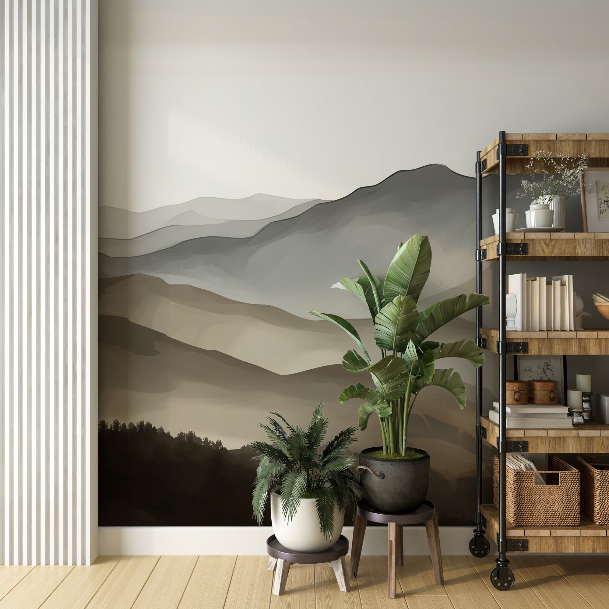 Earthy Toned Mountain Mural – Misty Layered Hills Landscape Wallpaper