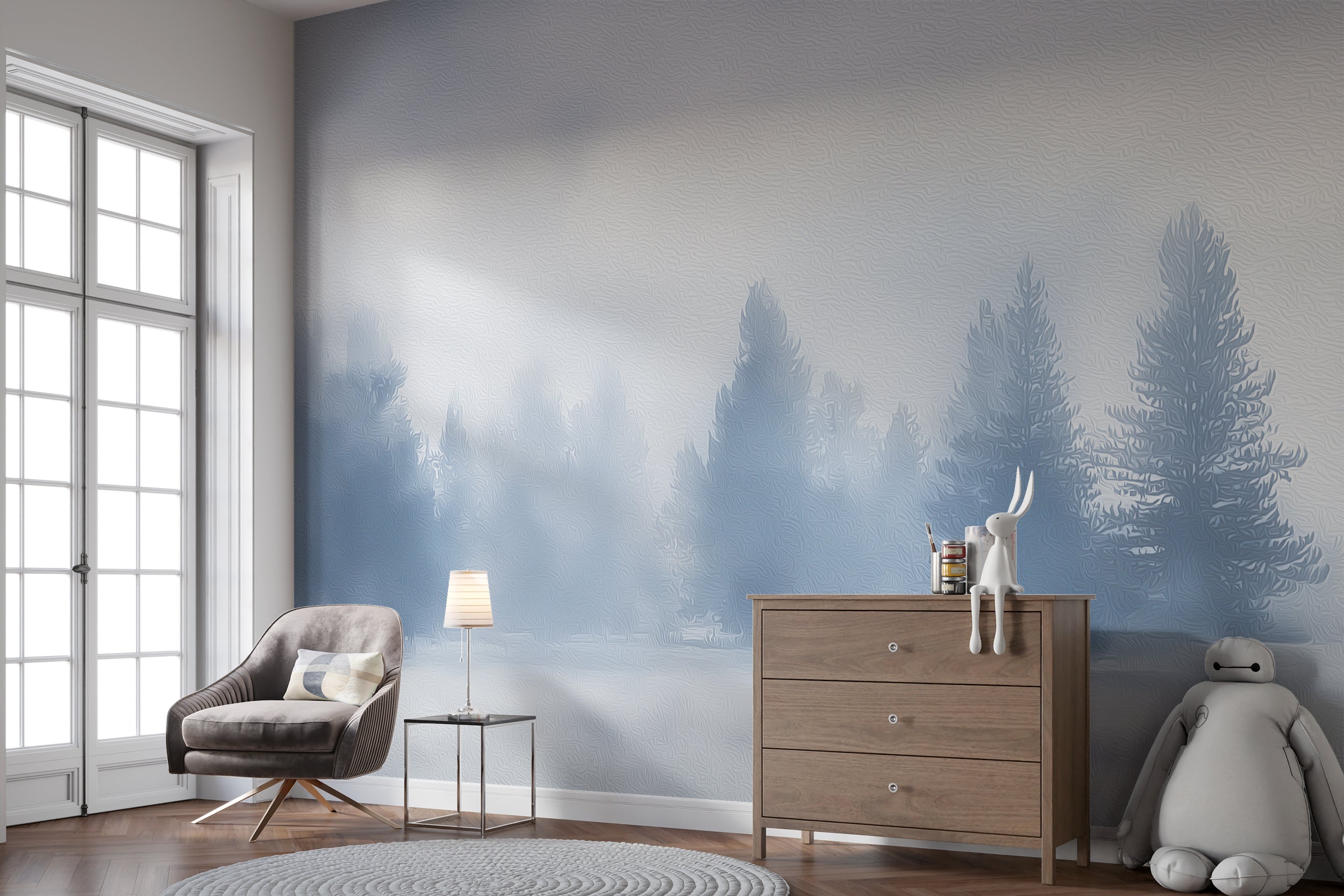 Faded Blue Pine Forest Wall Mural – Misty Woodland Landscape