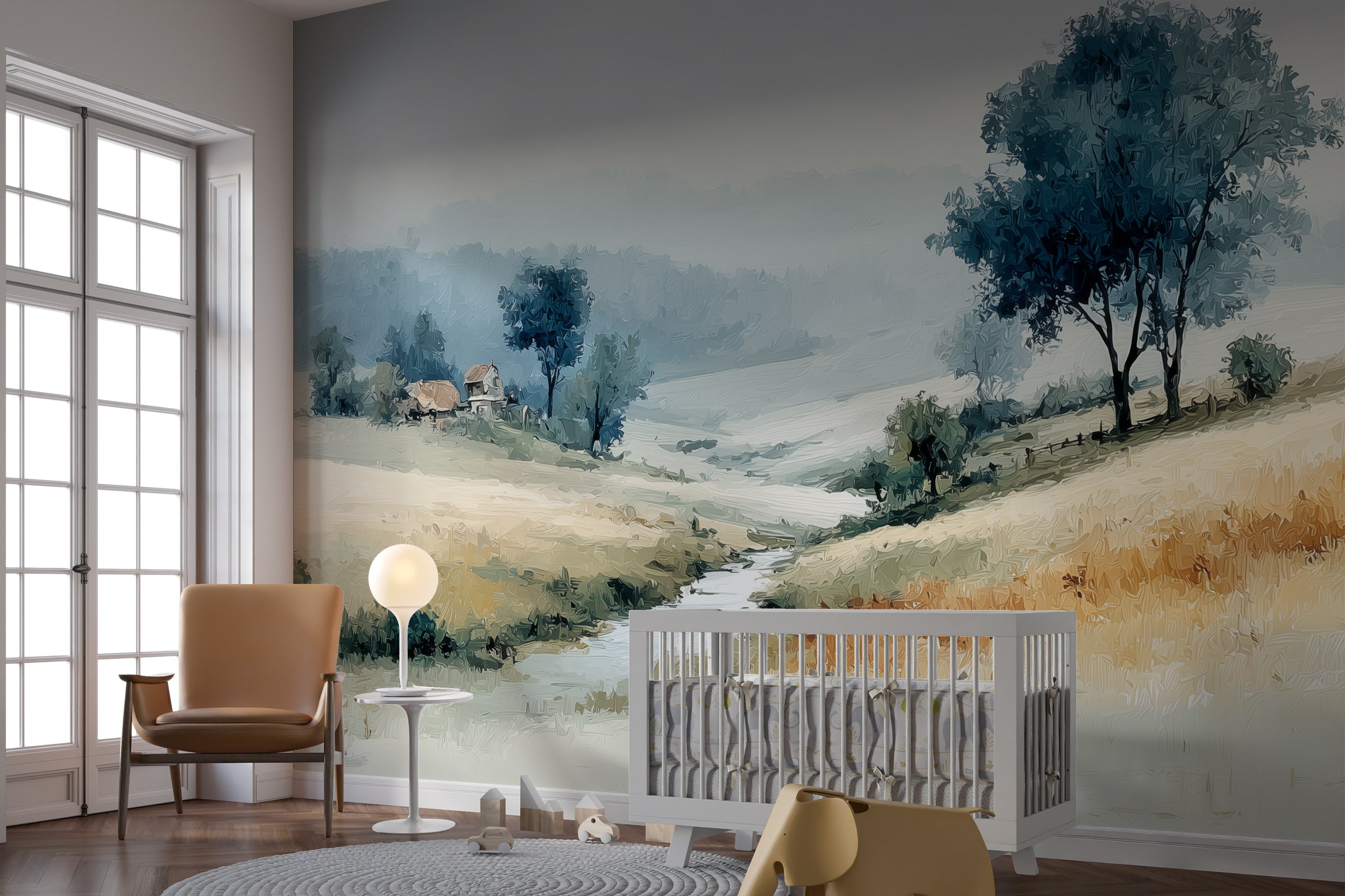Pastel Countryside Landscape Mural – Rolling Fields with Rustic Houses in Oil Style