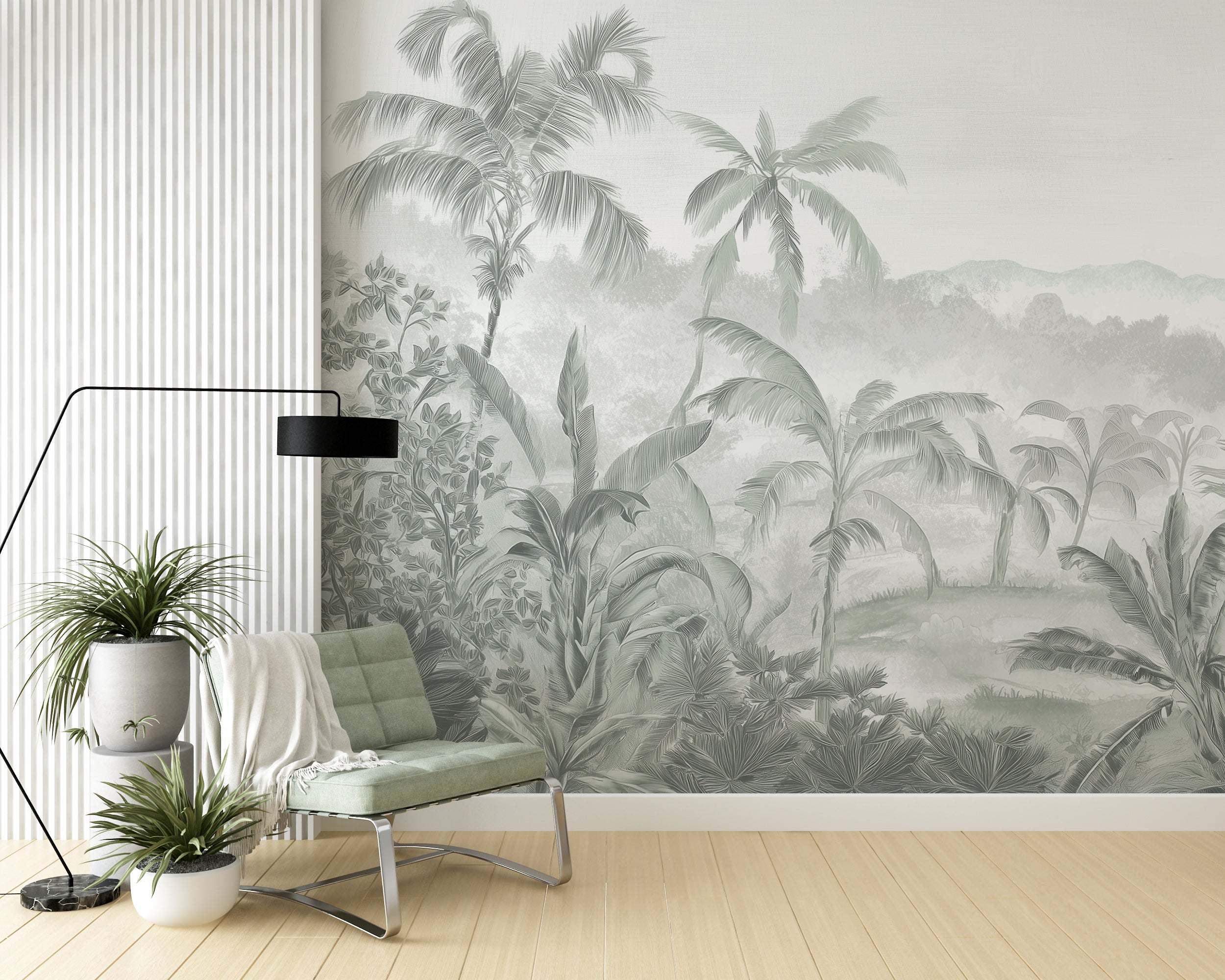 Green Monochrome Tropical Jungle Mural – Botanical Wall Art in Vintage Etching Style