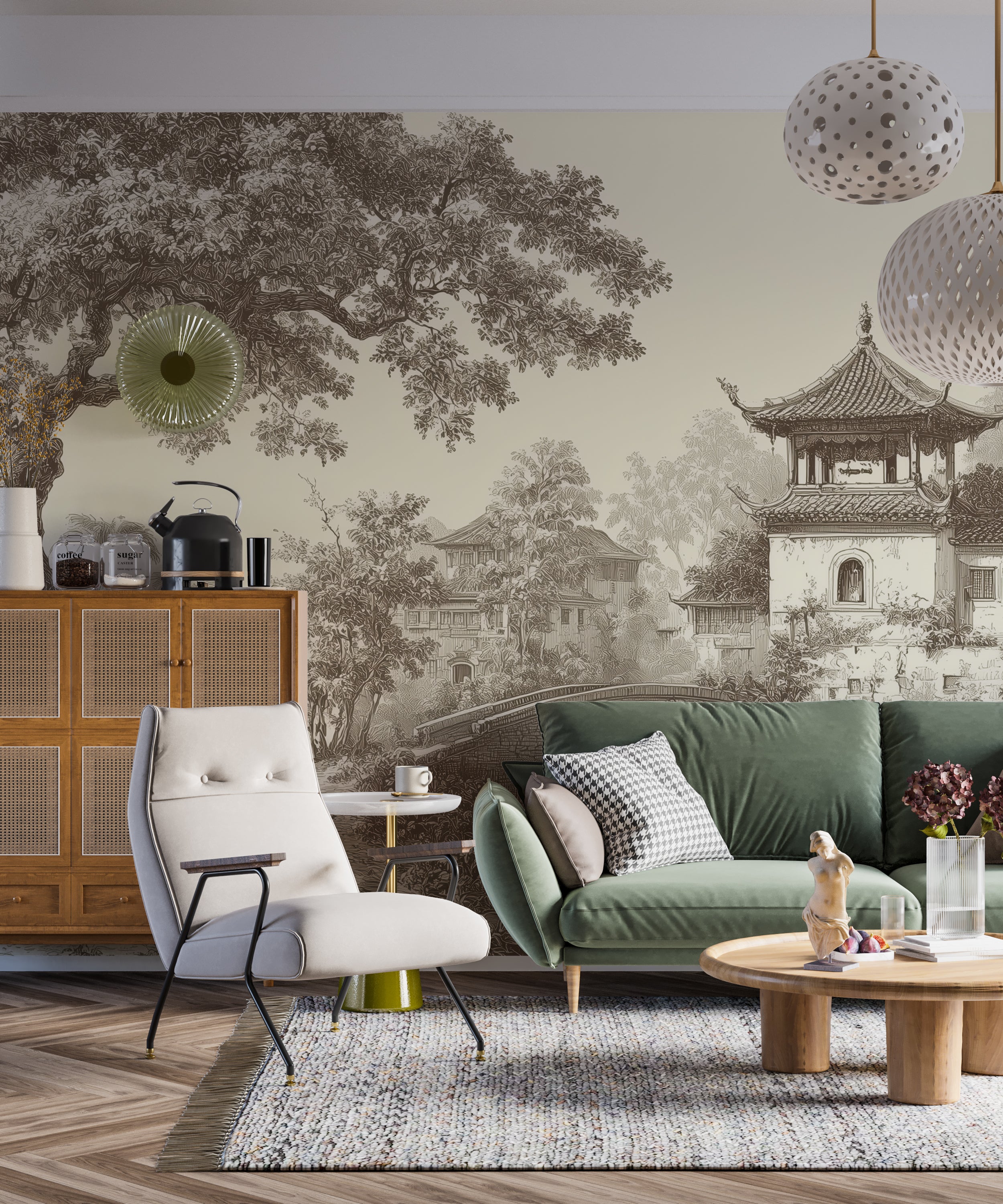 Sepia Japanese Countryside Landscape Mural Traditional Asian Garden Architecture Monochrome Scenic Wallpaper