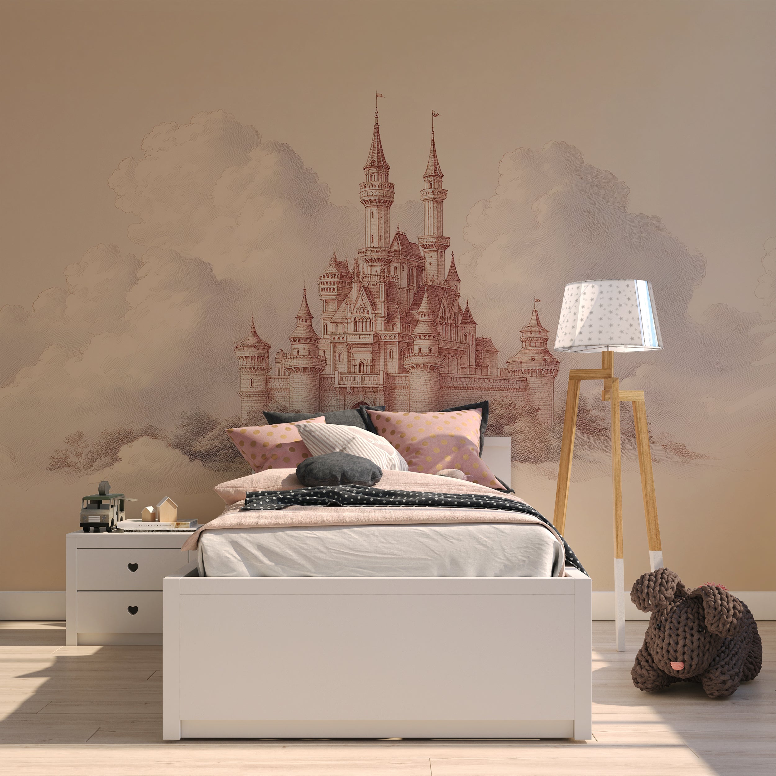 magical sky castle wall mural
whimsical castle above clouds design