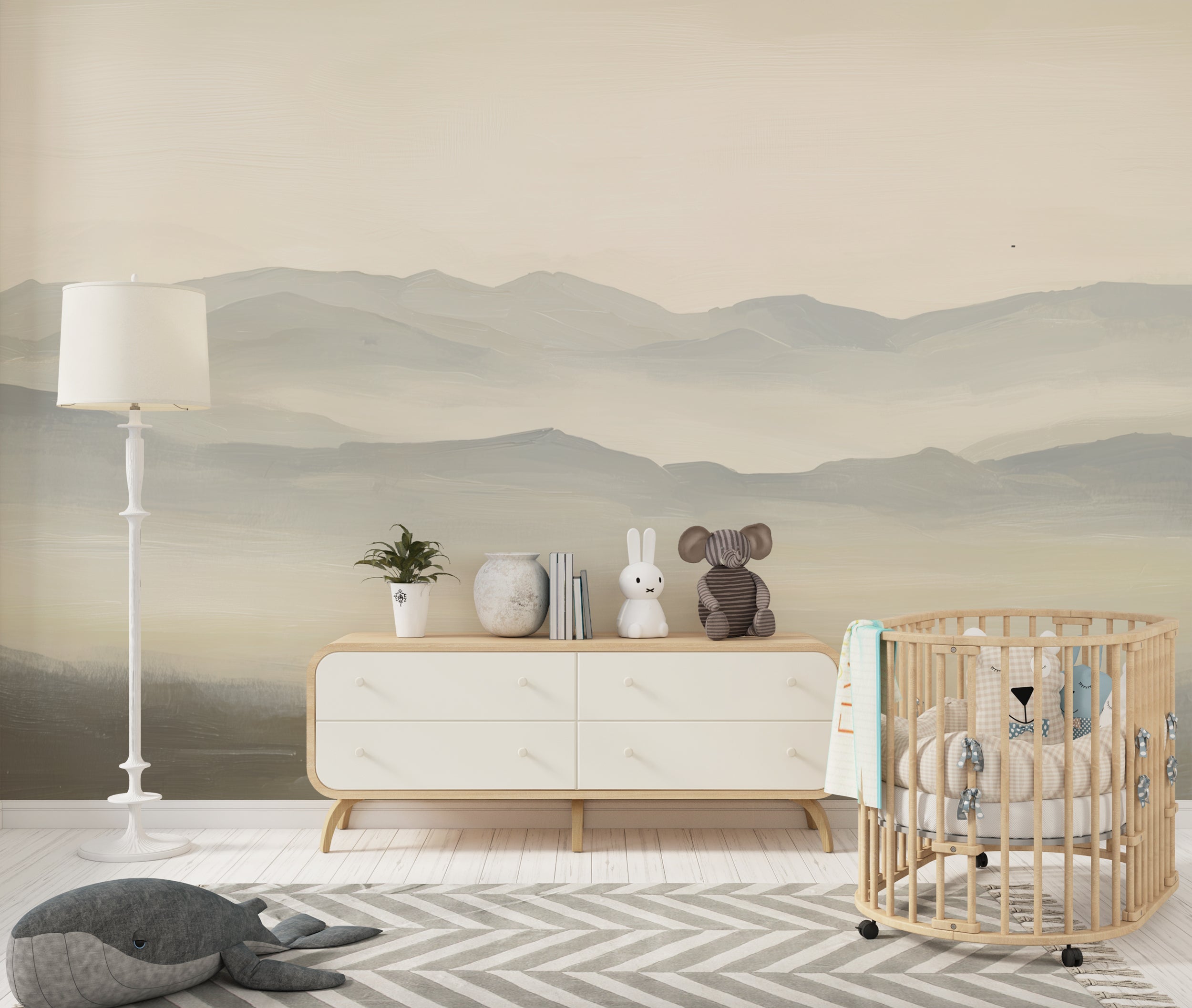 Neutral Minimalist Mountain Landscape Wall Mural Soft Beige and Gray Abstract Horizon Wallpaper