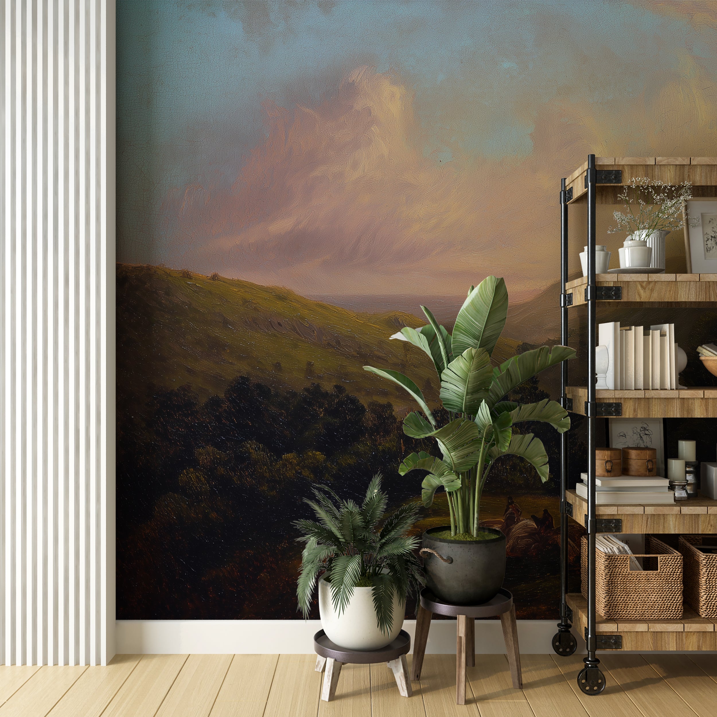Dramatic Sunset Mountain Scene Wall Mural Classical Oil Painting Style Majestic Landscape Wallpaper