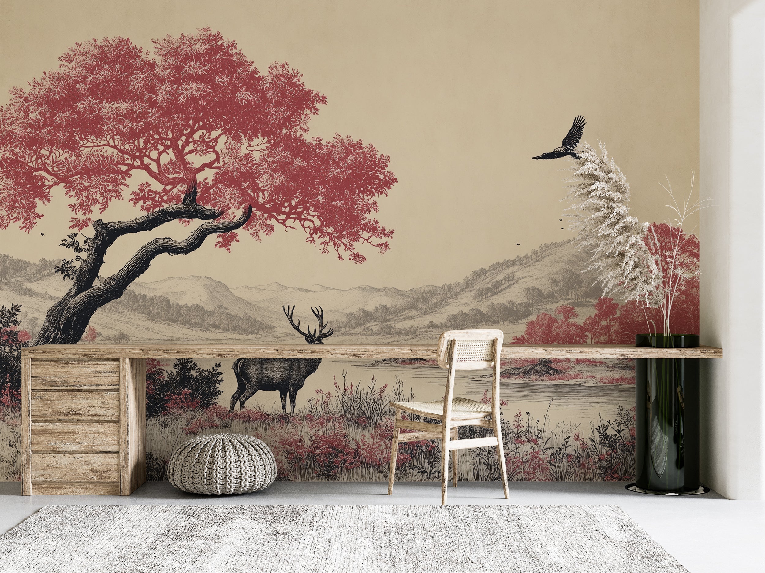 Illustrated landscape mural with vibrant colors
Joyful river valley wallpaper with imaginative trees