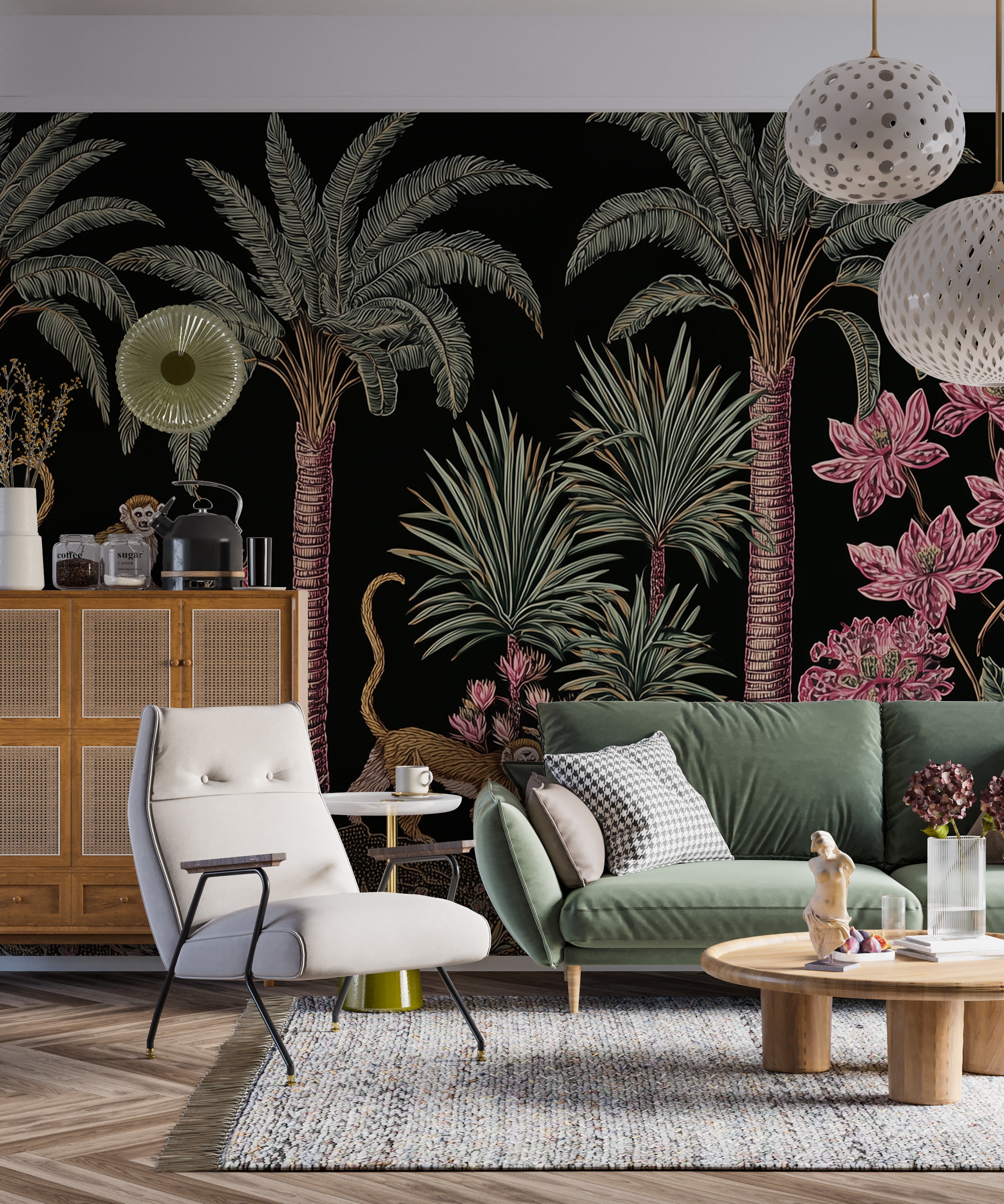 Tropical wallpaper featuring monkeys and florals
Statement wall mural with tropical animals