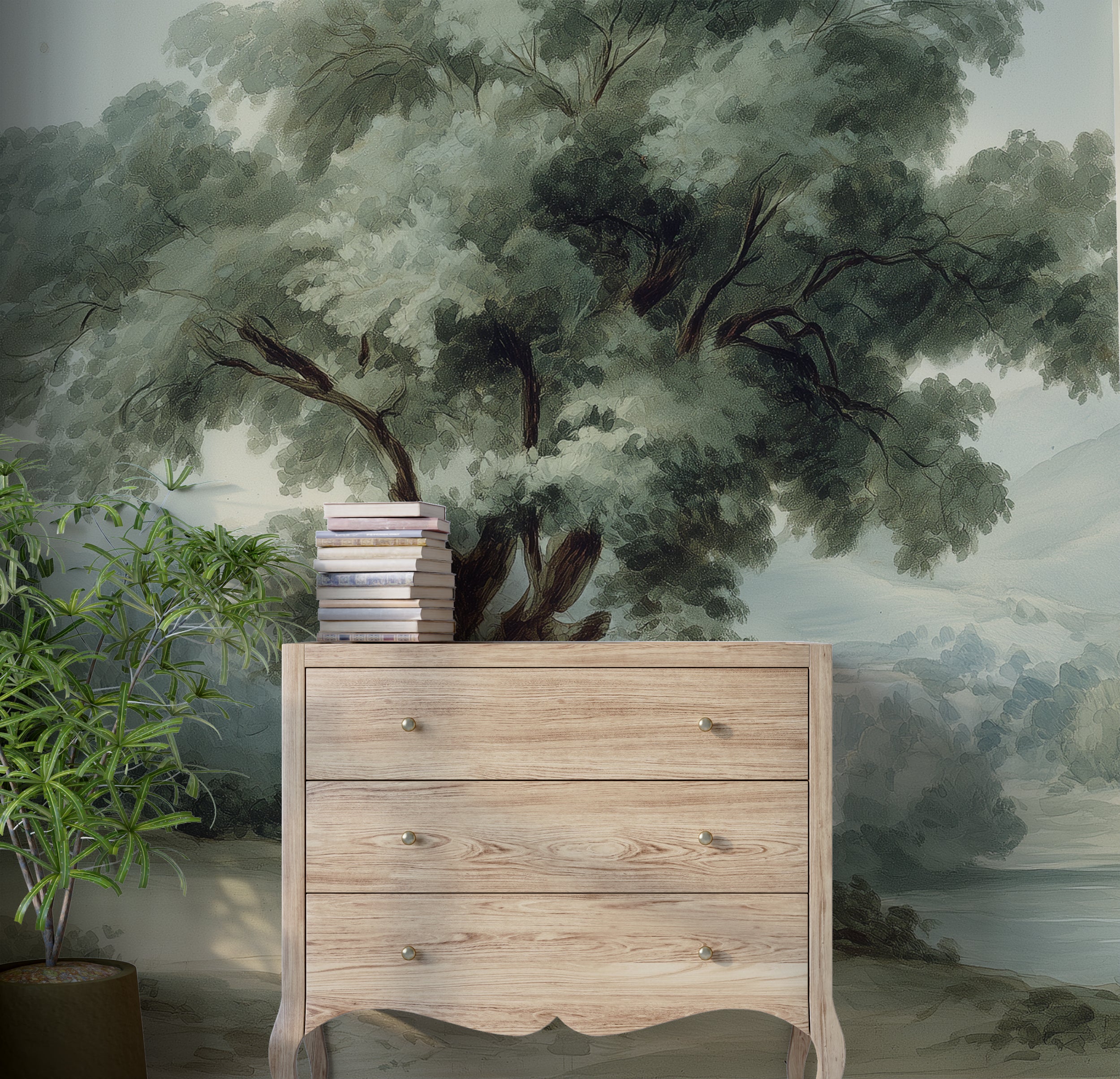 Watercolor forest and mountains mural
Tranquil tree by river wallpaper