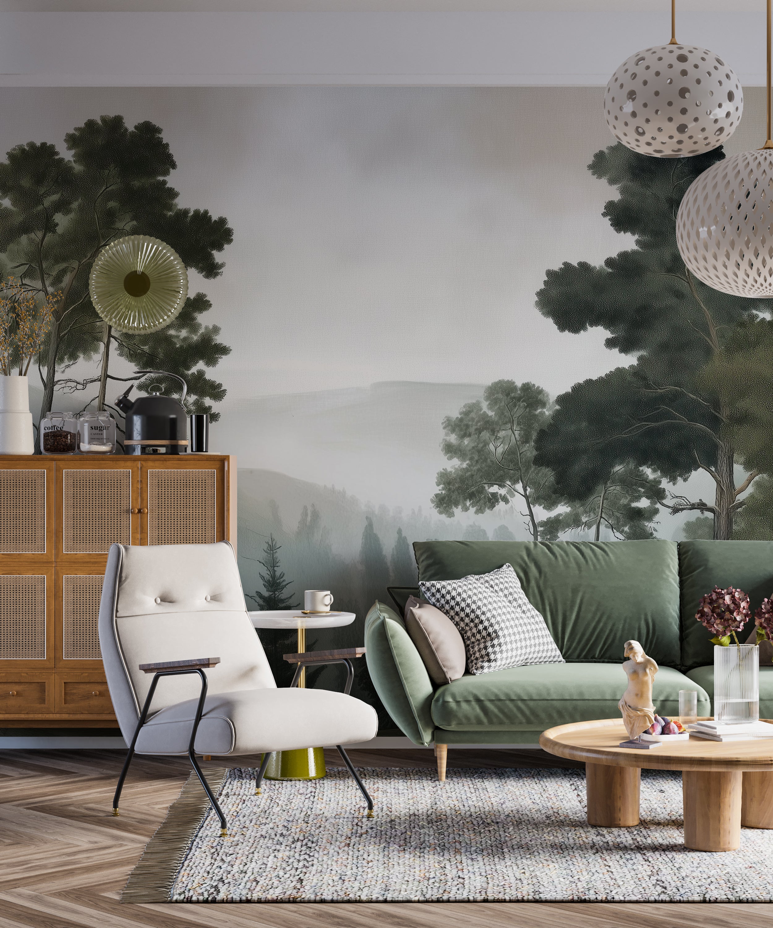 Foggy Pine Forest Landscape Mural Hand Painted Watercolor Nature Wallpaper Misty Green Woodland Wall Art